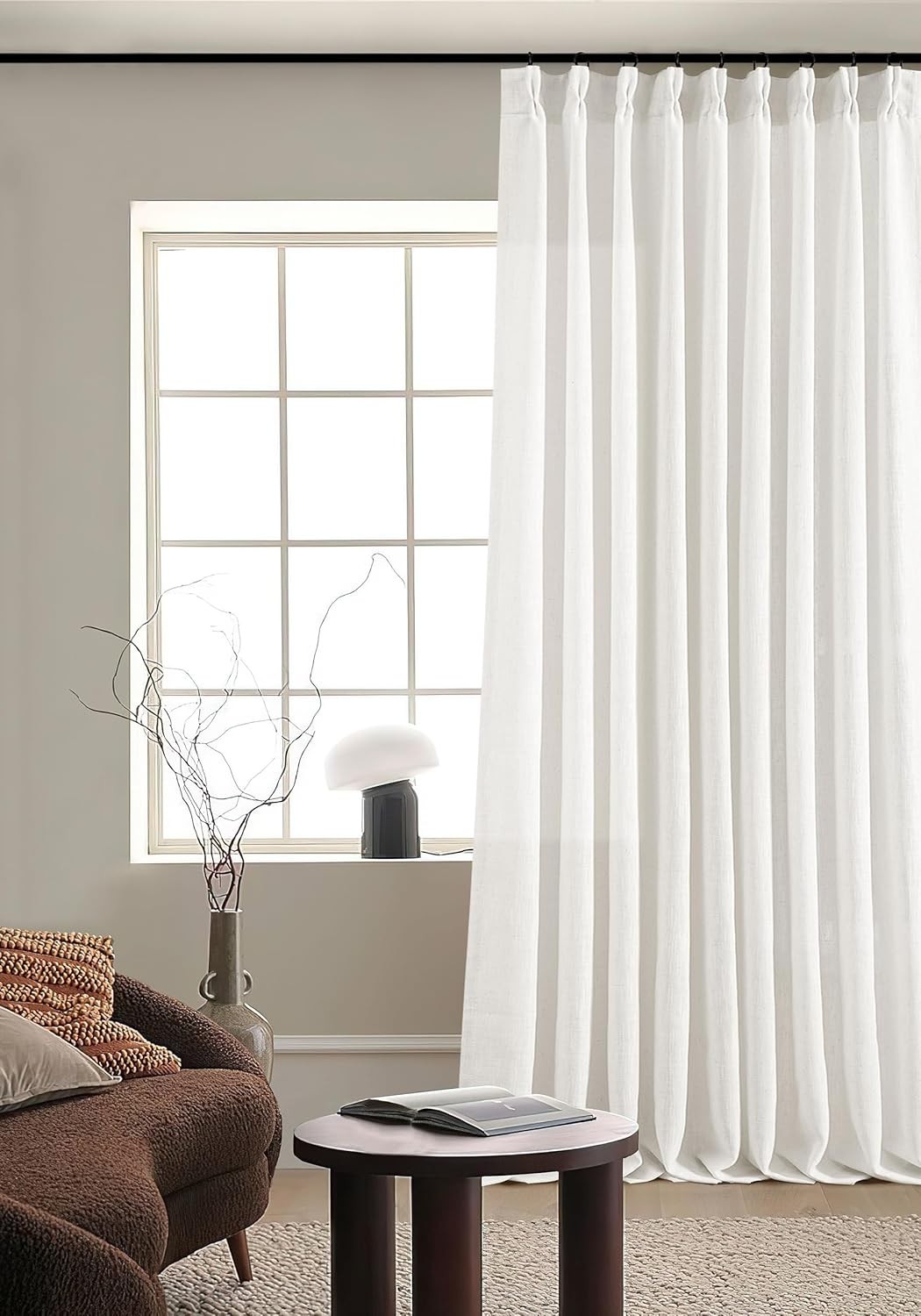 Pinch Pleated Linen Curtains 96 Inch Light Filtering Drapes 2 Panels Neutral