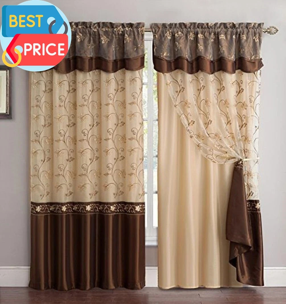 Fancy Collection Embroidery Curtain Set Drapes with Backing & Valance (Brown, 55