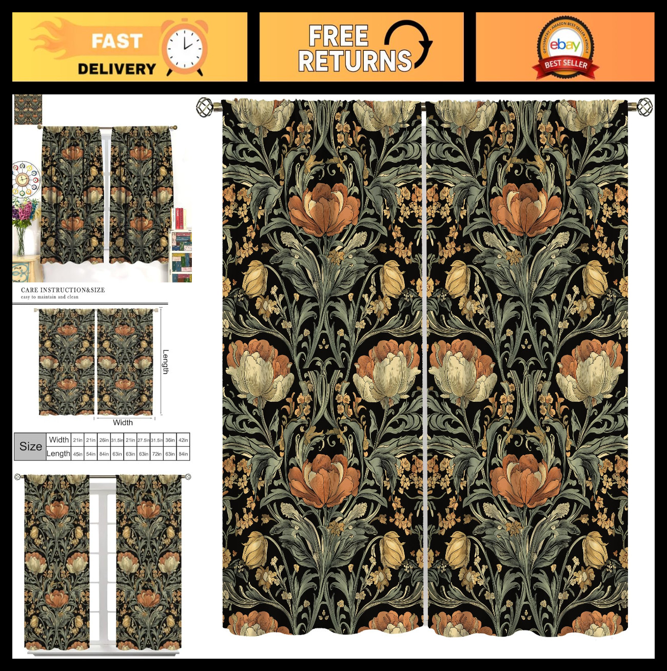 Rustic Floral Bird Decor Curtains – Vintage Blue Botanical Window Drapes 42x45in