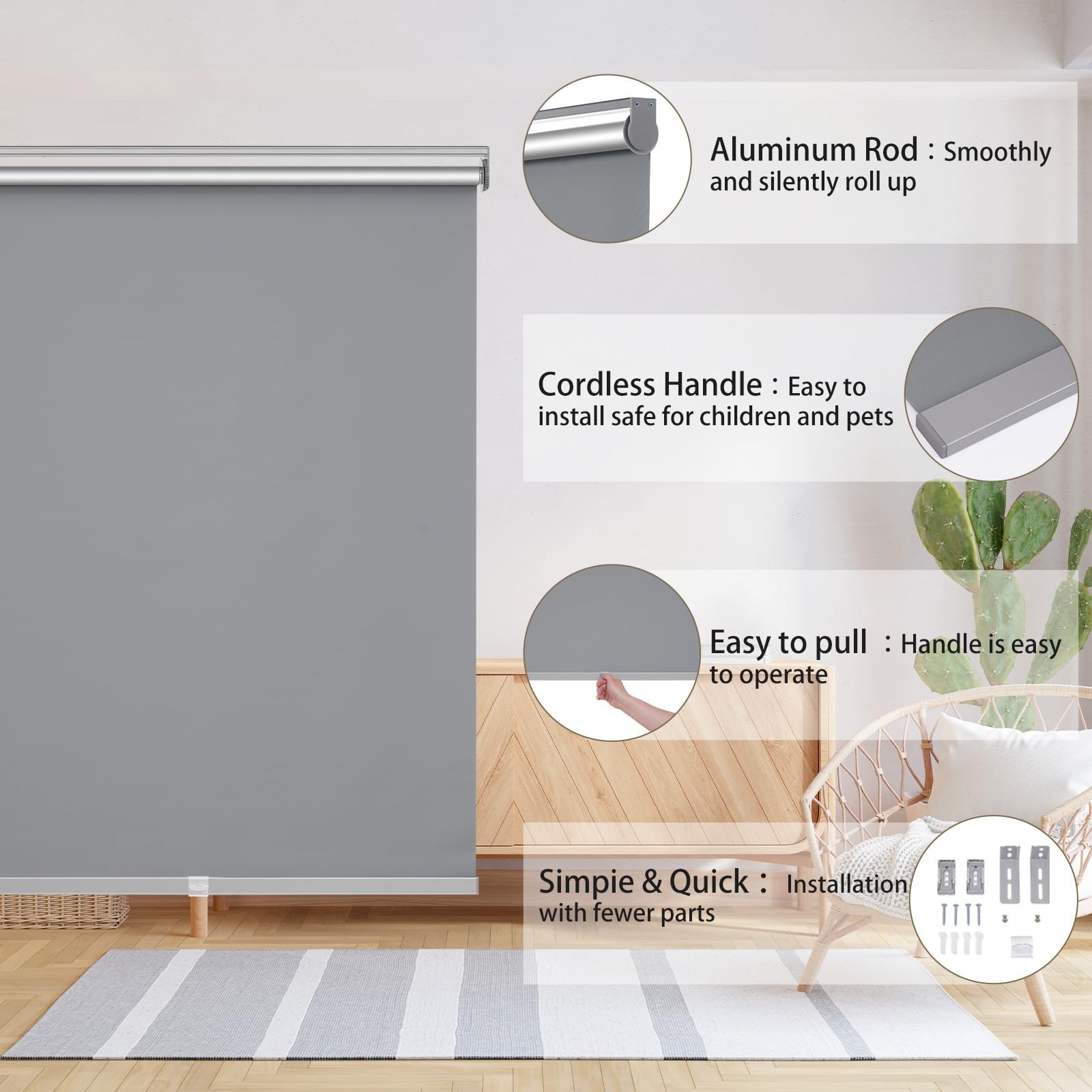 Changshade Blackout Roller Shades Dark Grey 33″w x 72″h