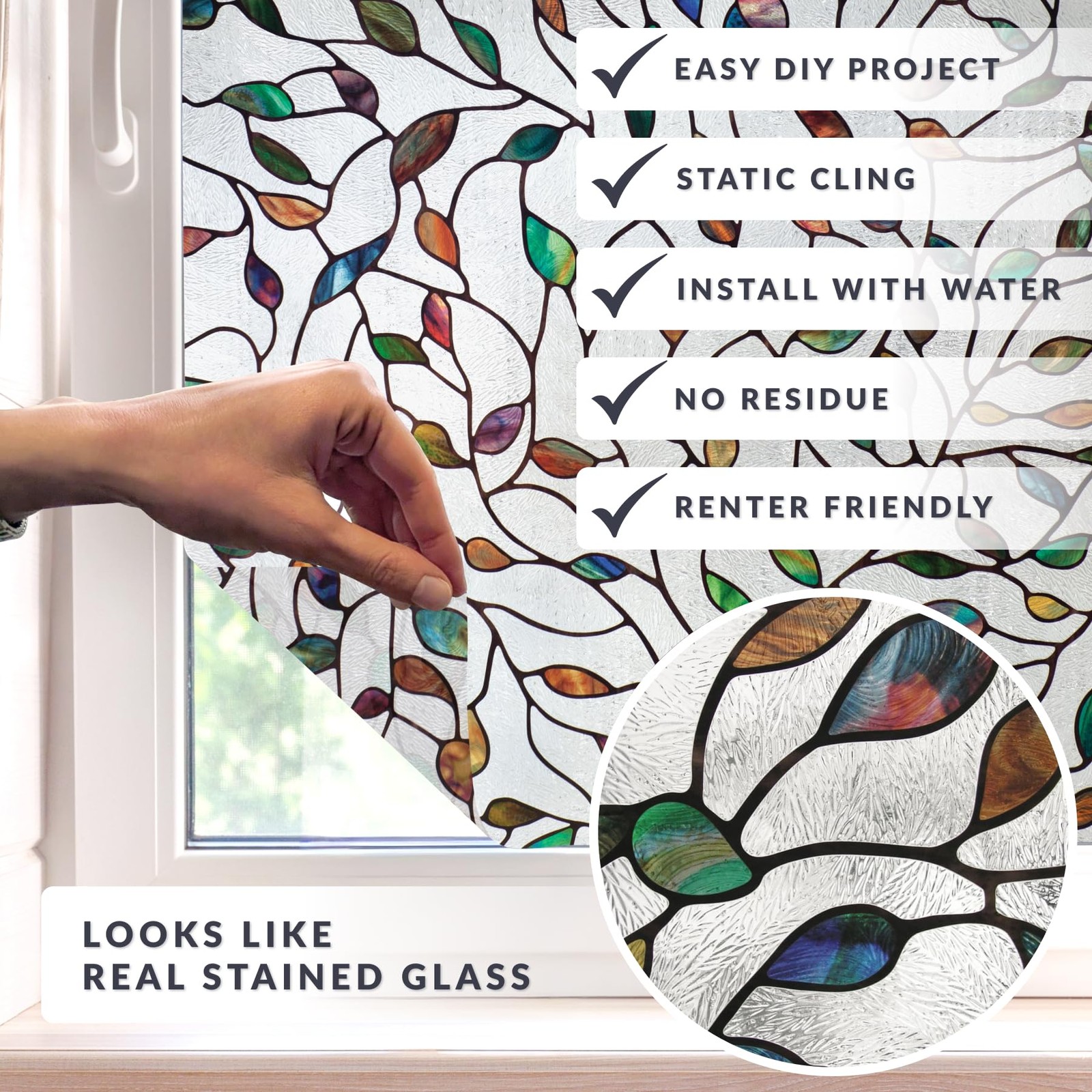 New Artscape Leaf Window Privacy Film Decorative Stained Glass Design, 24″ x 36″