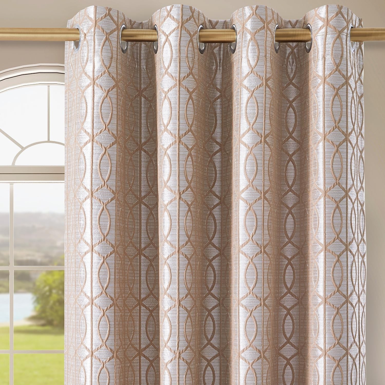 Light Khaki and Silvery 100% Blackout Curtains 96 Inch Length 2 Panels, Jacqu…