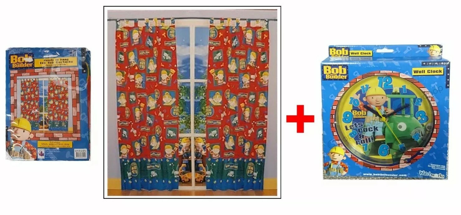 BOB THE BUILDER CAPRICE TAB TOP READY TO HANG CURTAINS + WALL CLOCK BOTH BNIB