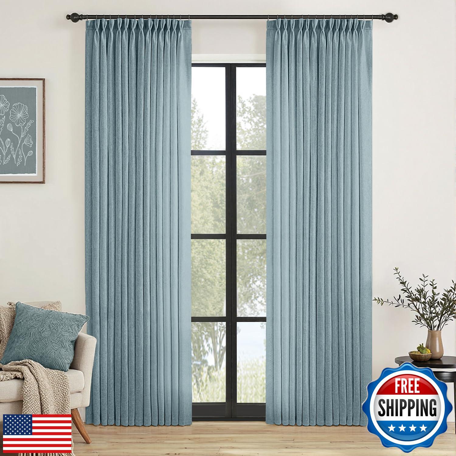 MIULEE Pinch Pleated Stone Blue Linen Curtains 96 Inches Long 2 Panels for Be