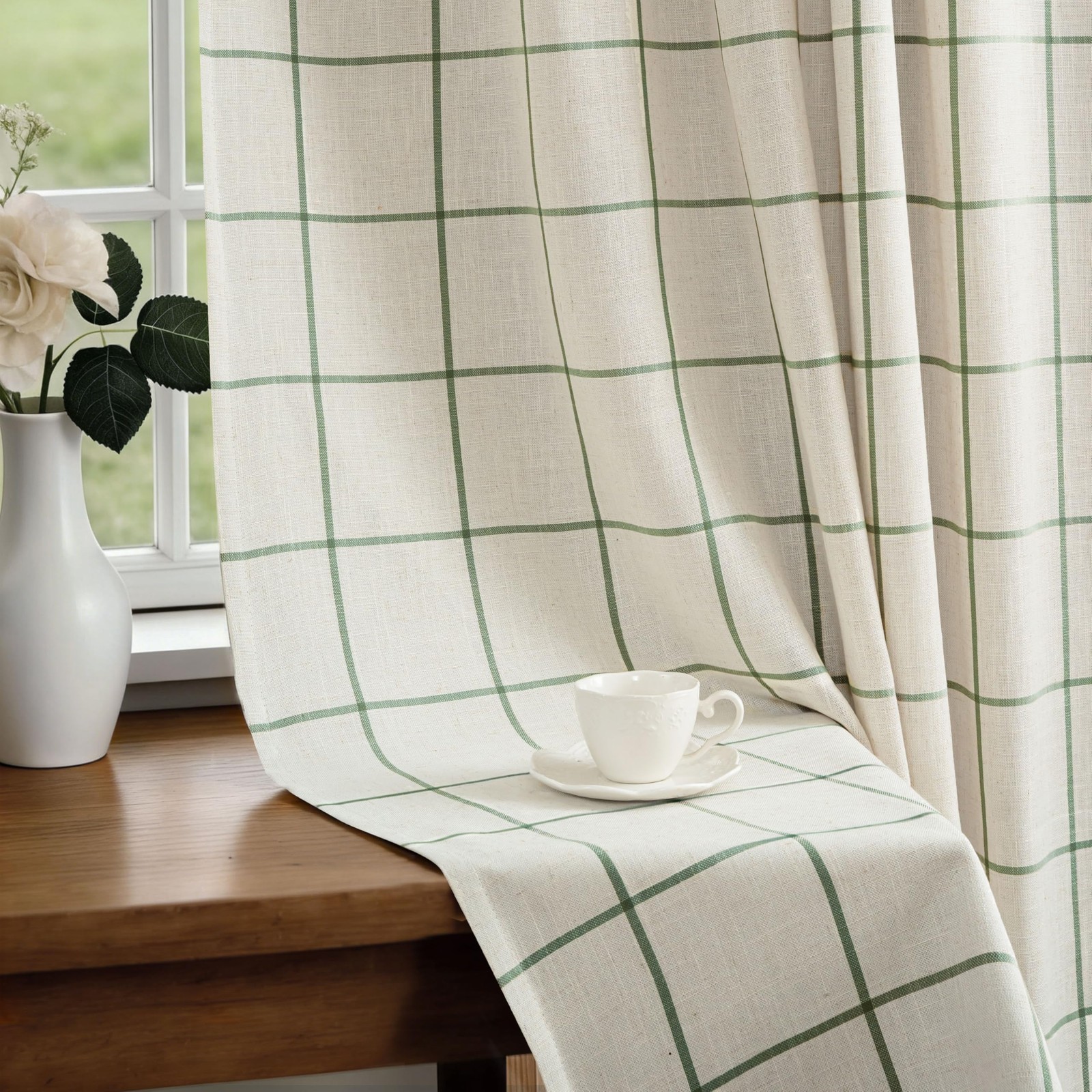 DriftAway 100% Blackout Windowpane Plaid Linen Curtains Double Layer Farmhous…