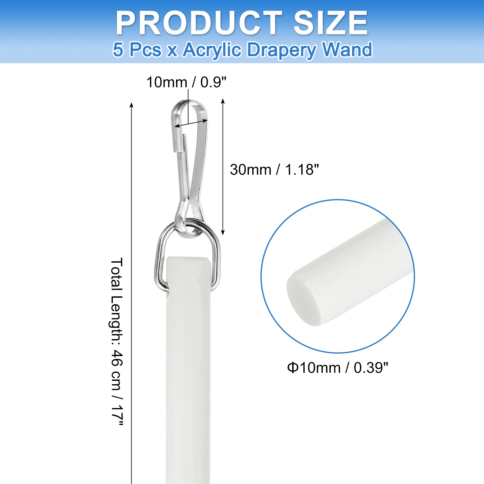 5Pcs 17″ Acrylic Drapery Wand Universal Curtain Pull Rod with Snap Hook White
