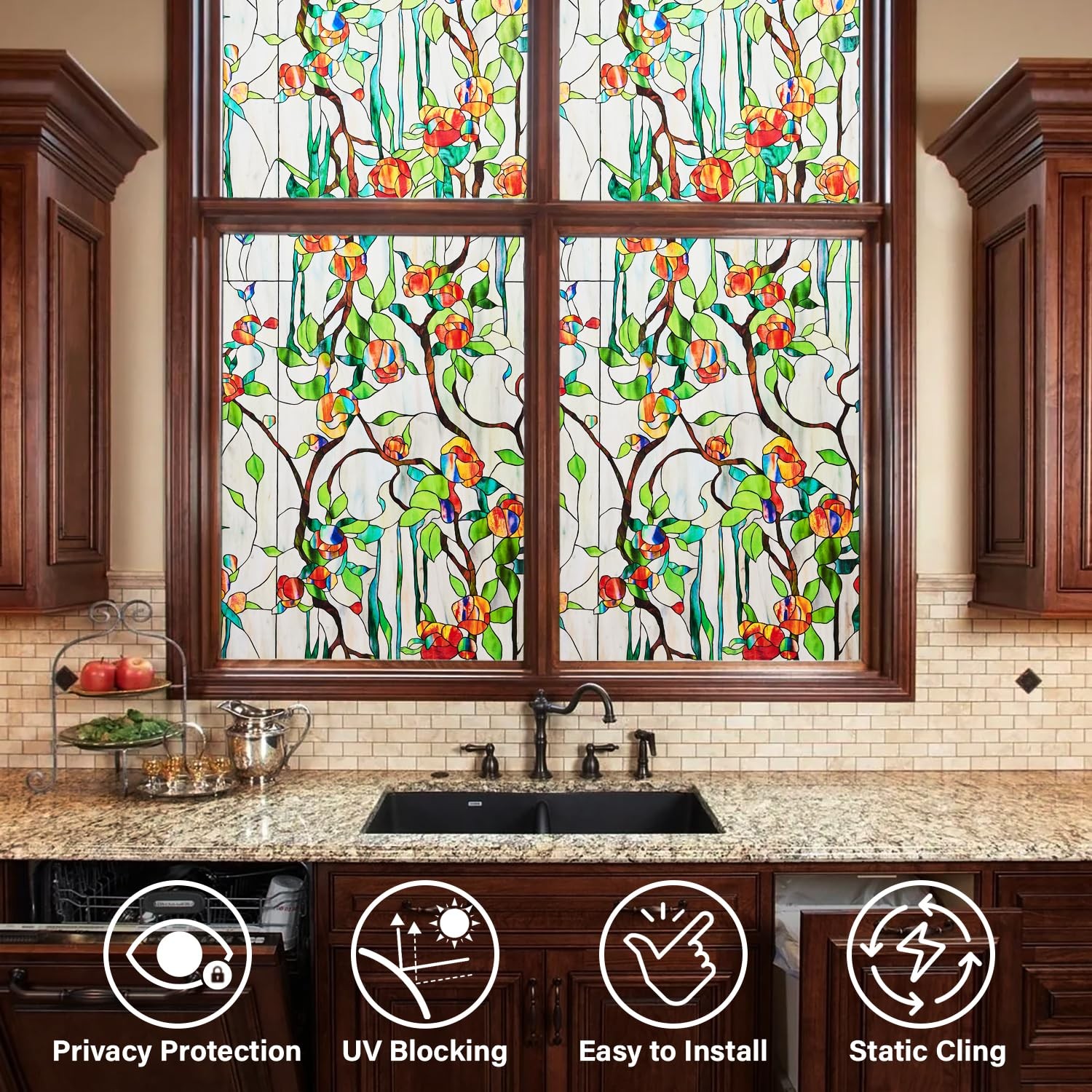 Window Privacy Film Stained Glass Faux 3D Rose Decorative UV Sun Blocking Sta…