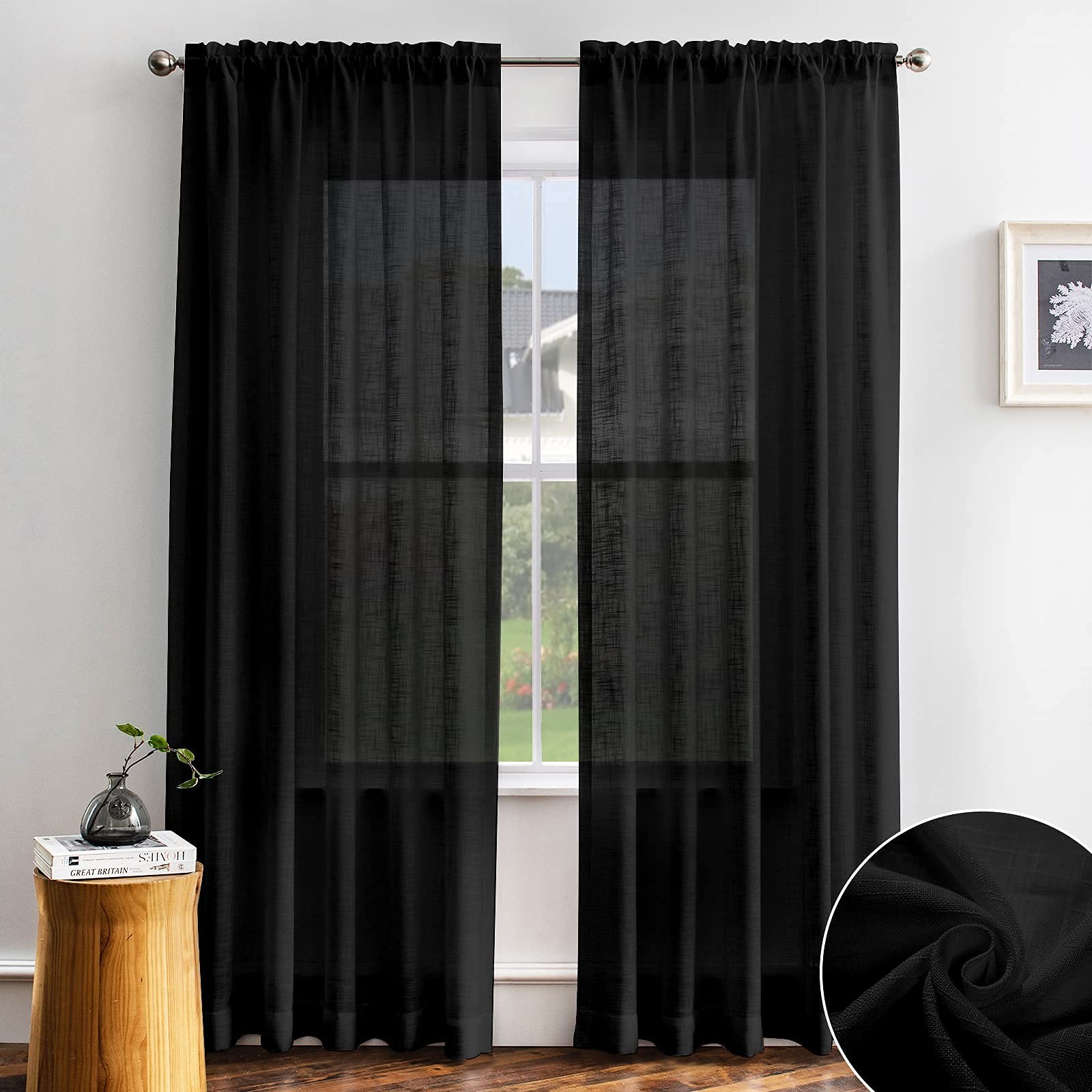 Melodieux Black Linen Textured Semi Sheer Curtains 63 Inch Length For Bedroom