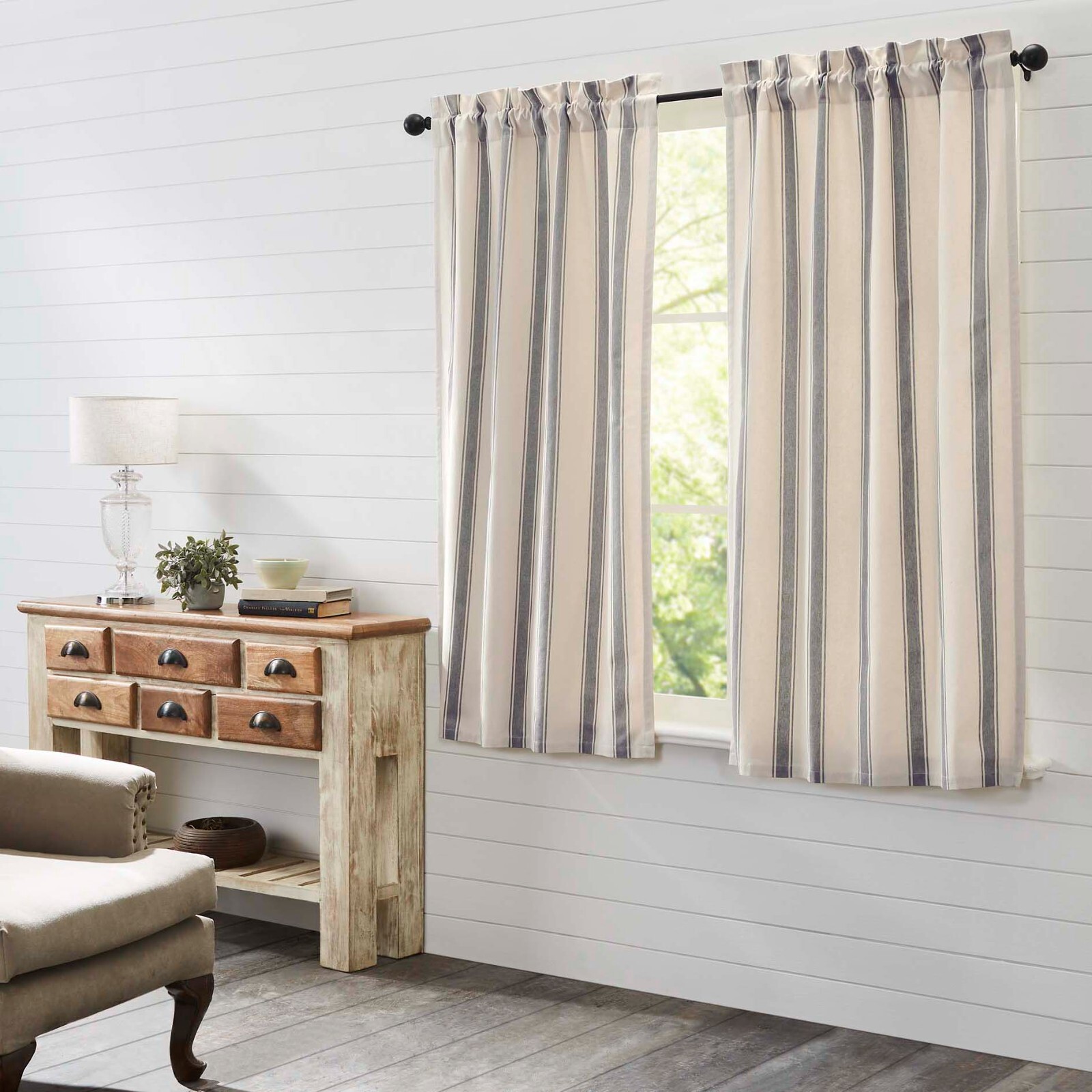 Grace Grain Sack Stripe Short Panel Set 63×36 Farmhouse Curtains Grey Creme