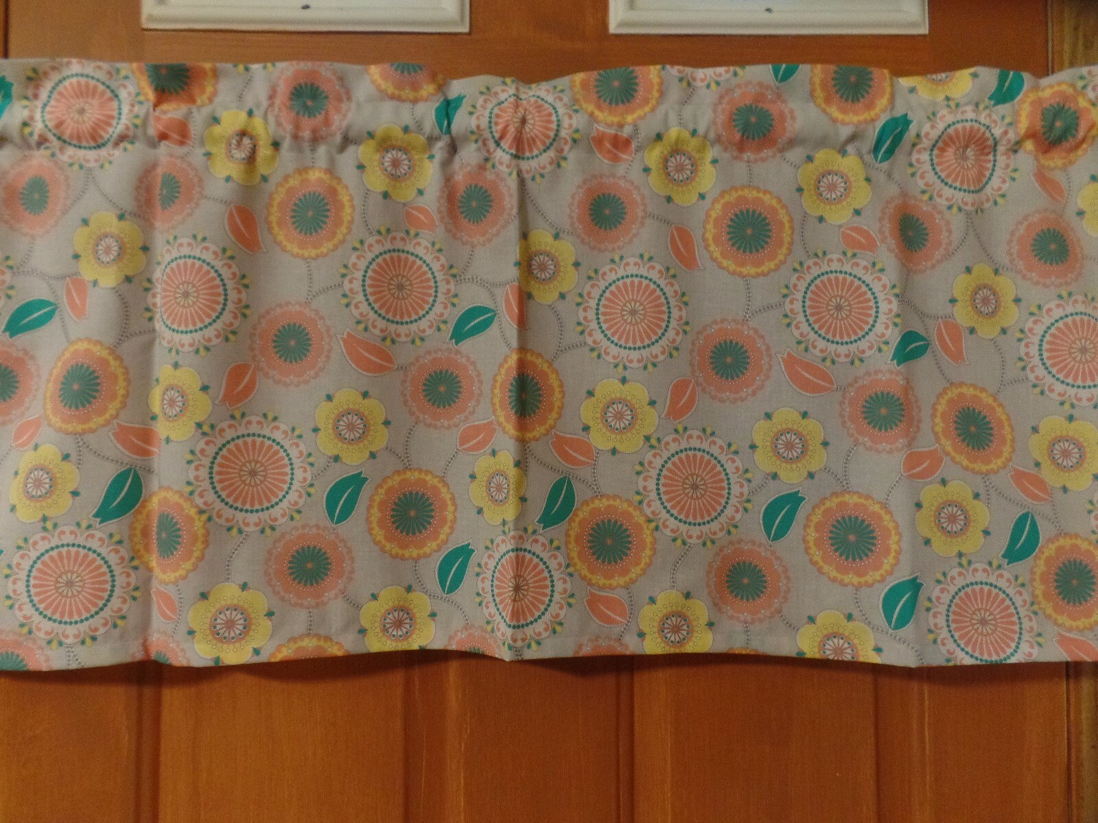 Gray With Fancy Round Flowers, Coral, Teal Grn, Yellow, Handmade Window VALANCE