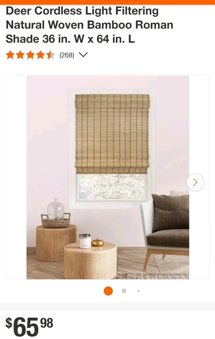 HDC Cordless Light Filtering Bamboo Roman Shades – Deer – 36 in W x 64 in L