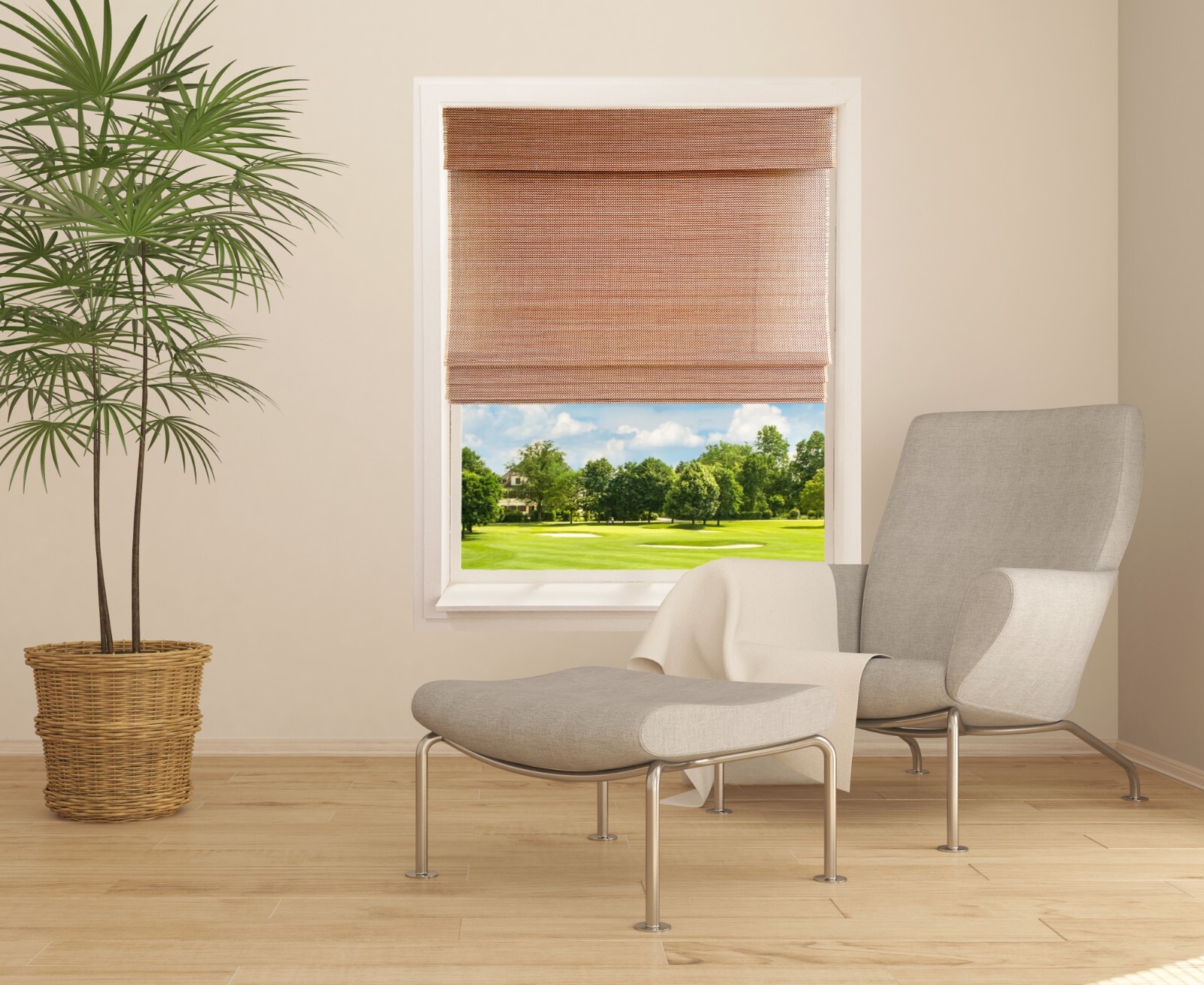 Cordless Light Filtering Bamboo Roman Window Blind Sun Shade w/ Valence – Beige