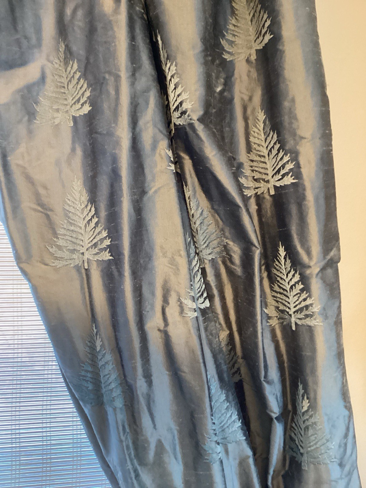 Silver/Gray (Aspen Tree embroider) Silk Lined Rod Pocket Curtain Panels 48”x95”