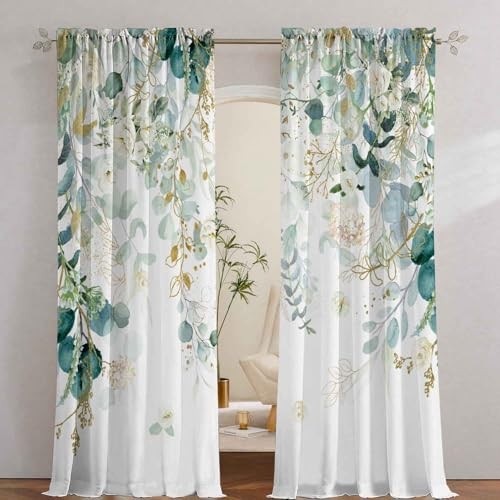 Gold Green Botanical Curtains 52″W x 96″L (Pack of 2) Green Eucalyptus Curtain