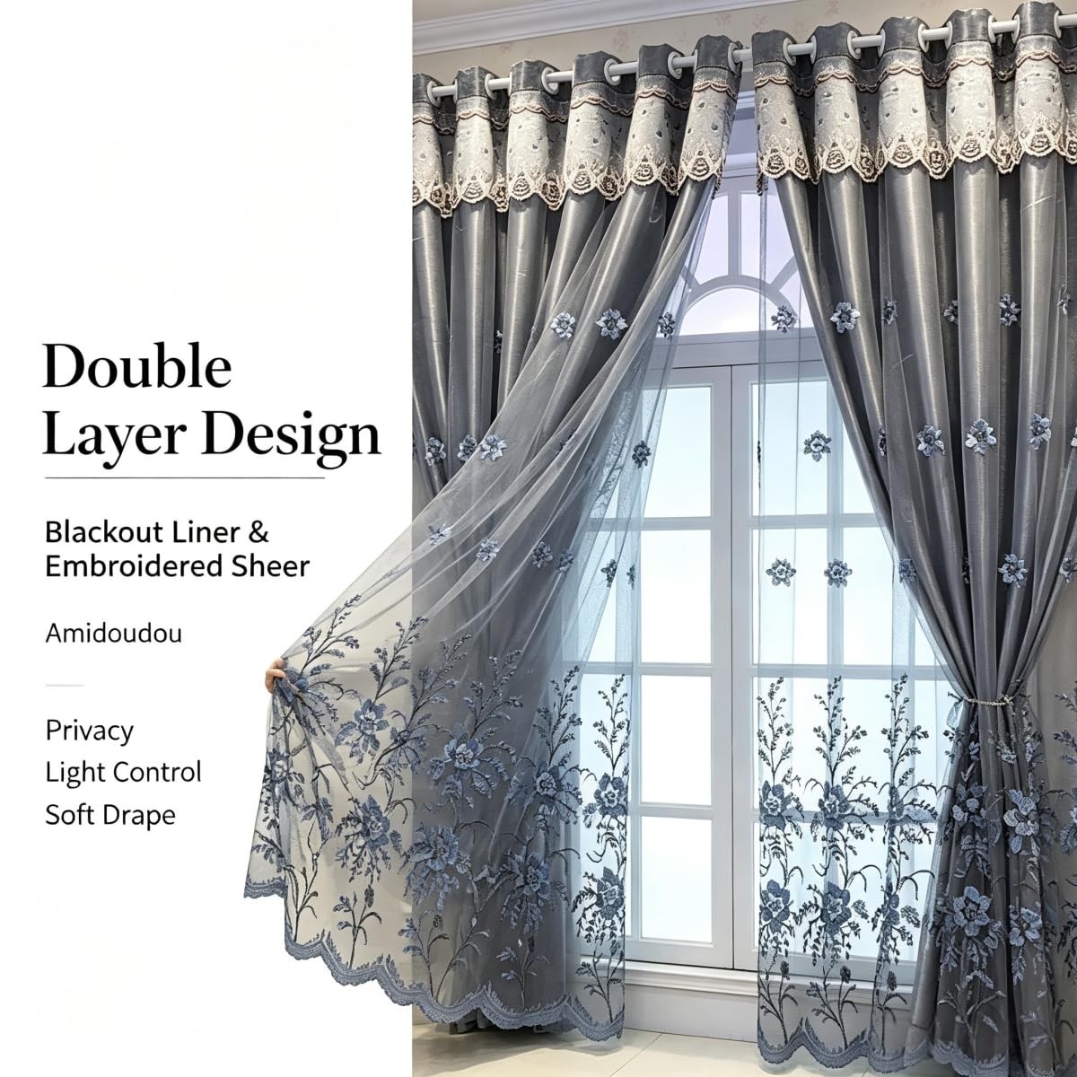 1 Pair European Double Layer Curtains for Living Room Bedroom Luxury Flower E…