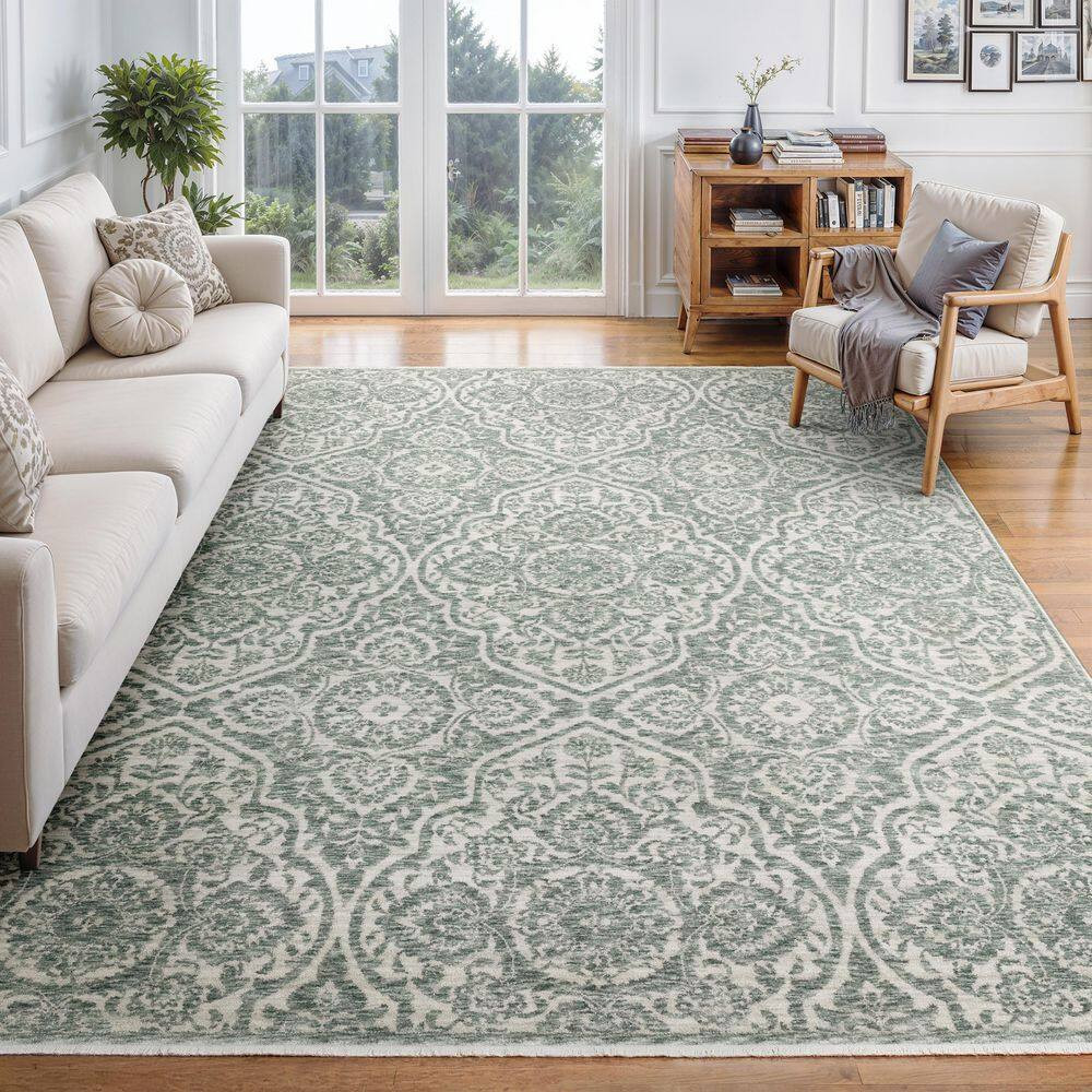 Eclipse Green/Ivory 2 Ft. X 8 Ft. Global-Inspired Floral Medallion Polyester Fri