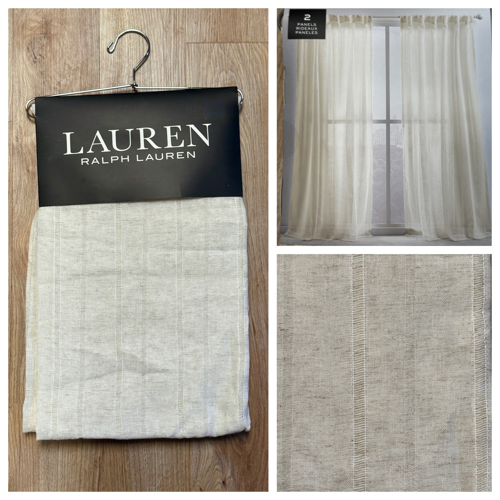 Ralph Lauren 54 x 96 Hamilton Linen Beige Sheer Curtains Striped Stripes Woven