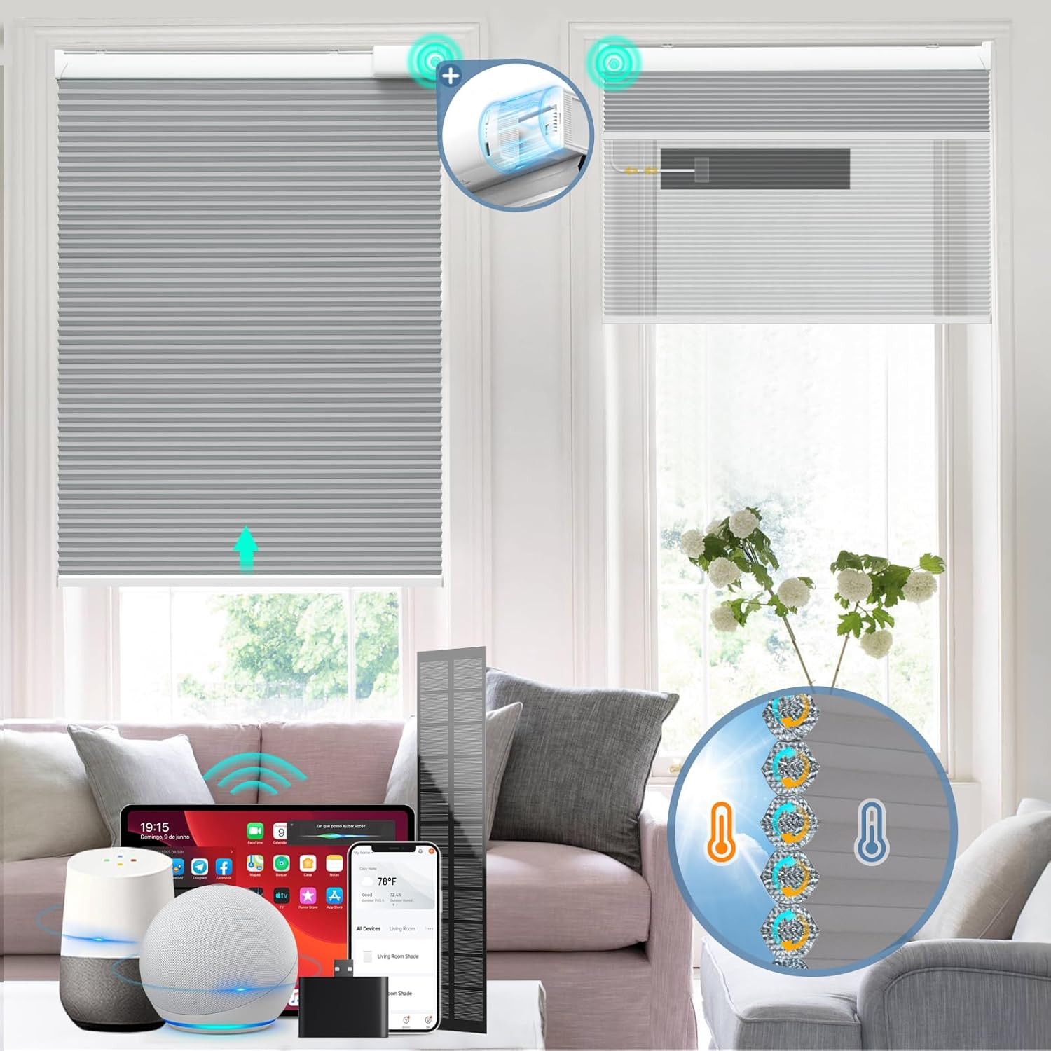 Smart Motorized Blackout Cellular Shades with Remote & Free Solar Panel, Grey 31