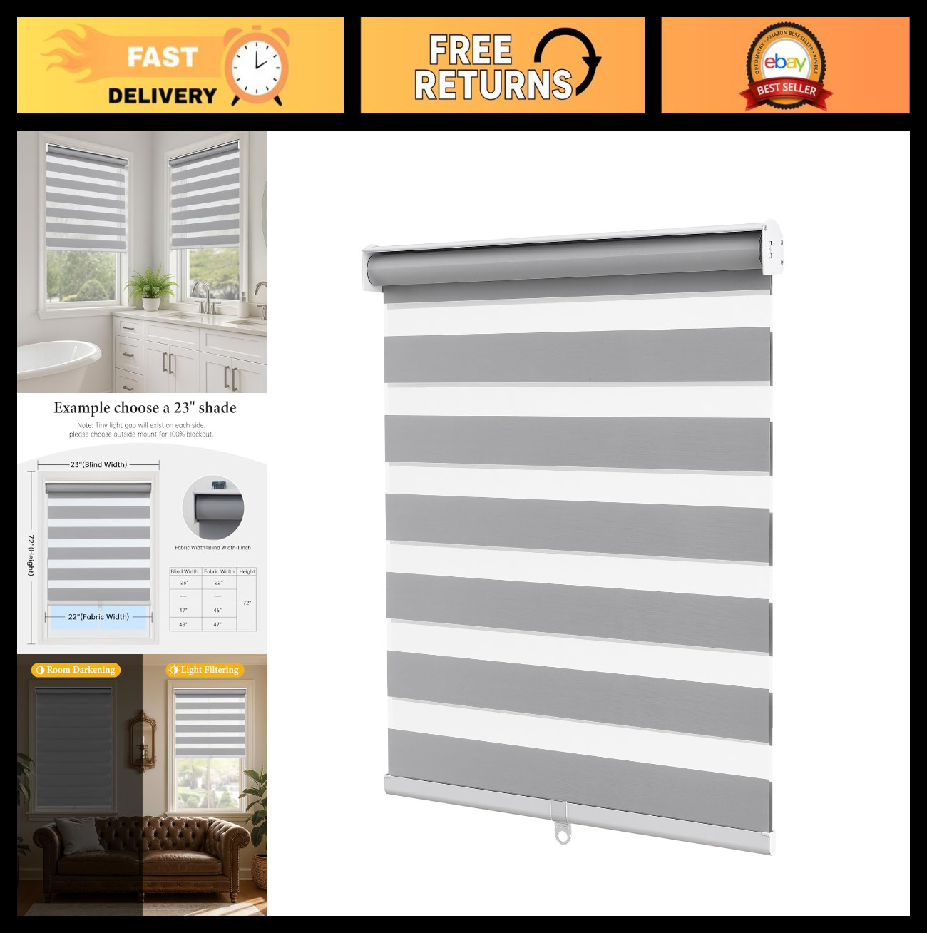 Light Filtering Roller Blinds – Grey Dual Layer Window Shades, 32″ W x 72″ H, Ea