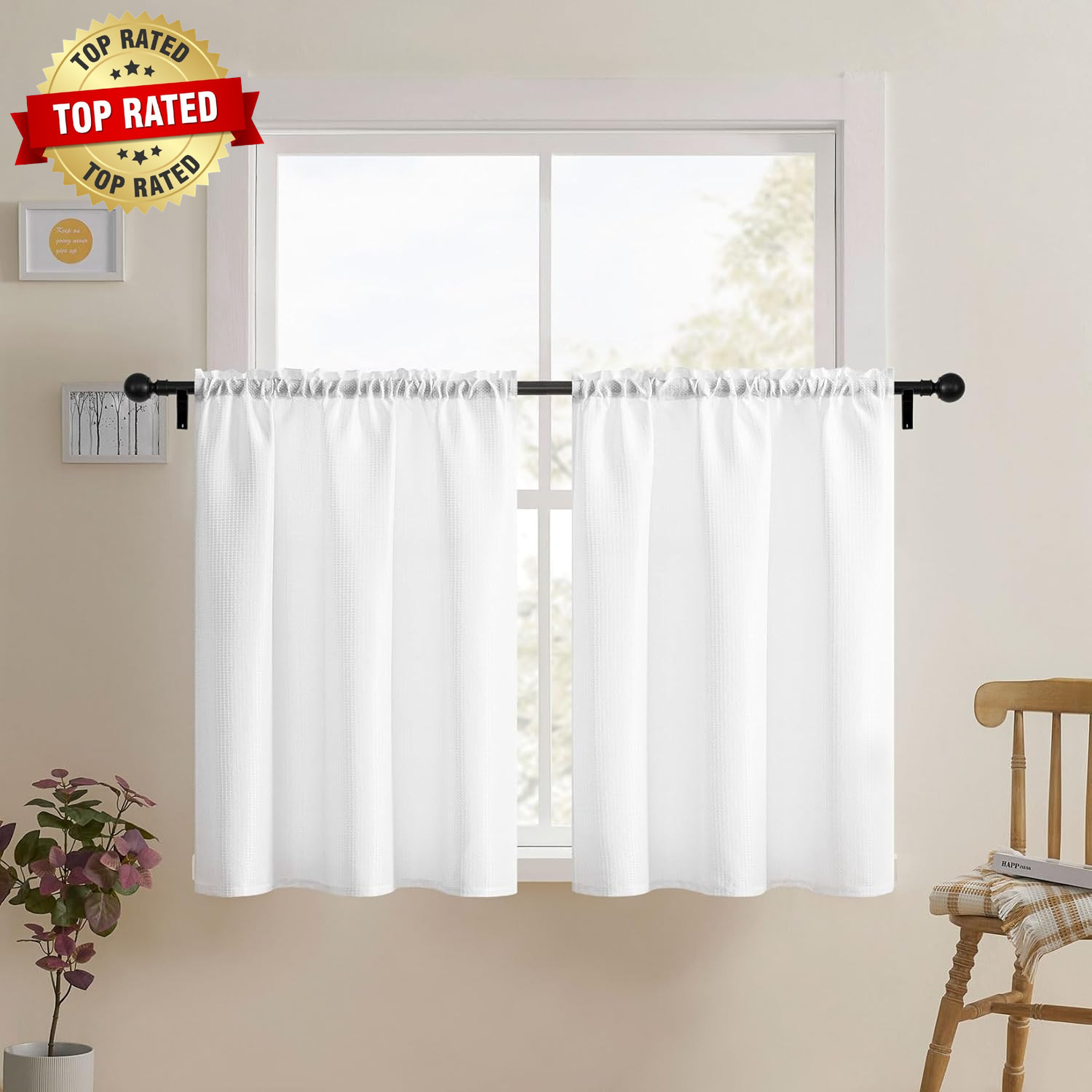 White Waffle Bathroom Window Curtains, 24 W X 36 L Inch Each | Water Repellent,