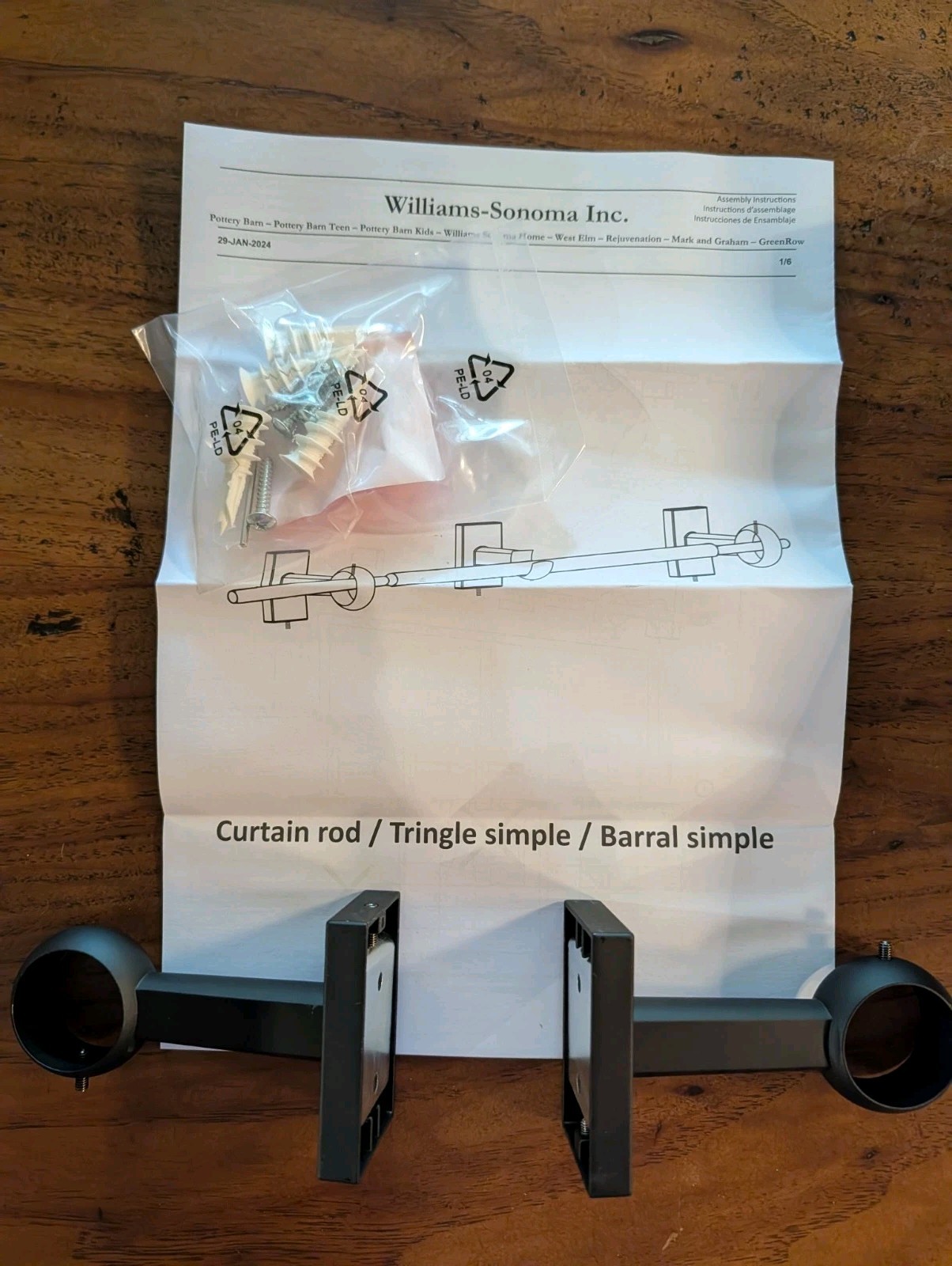 POTTERY BARN Standard Curtain Rod/Wall Bracket-28-48″-1.25″ diam-Matte Black-NWT