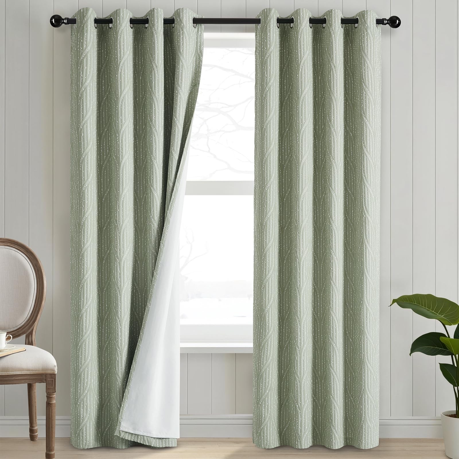 Drapexpert Green White 100% Blackout Geometric Jacquard Curtains Thermal