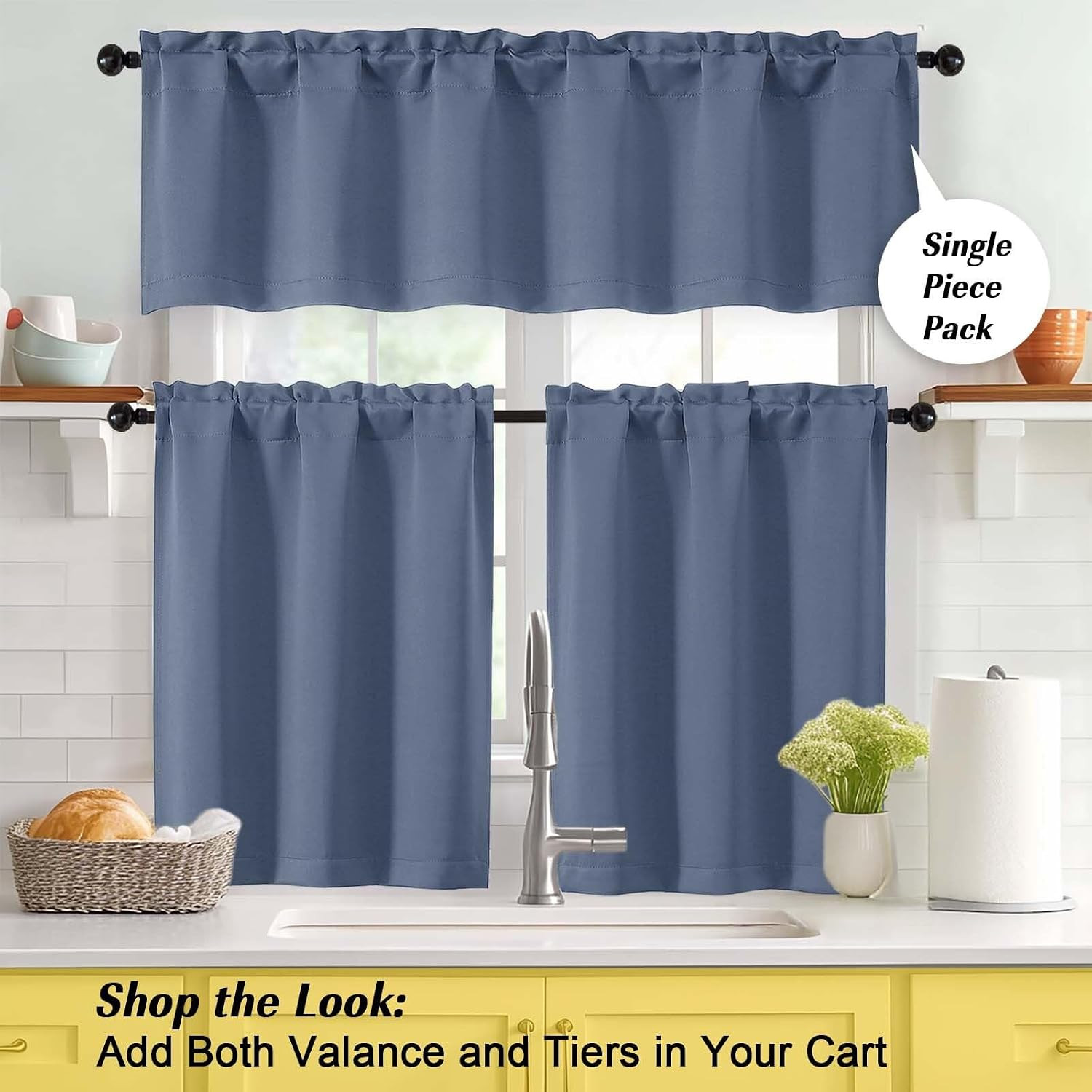 Denim Cafe Blackout Curtains Tier 36 Inch Length 2 Panels, Soft Solid Thermal In