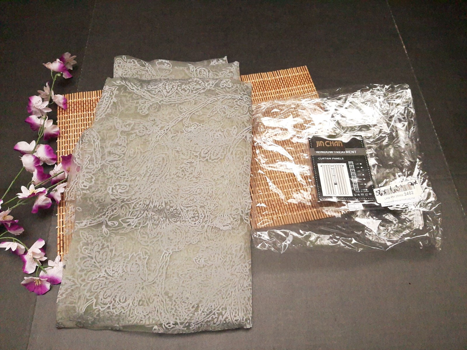 PAIR JINCHAN GRAY PAISLEY SCROLL SHEER VOILE CURTAIN PANELS ~ 56″ X 63″ ~ NEW