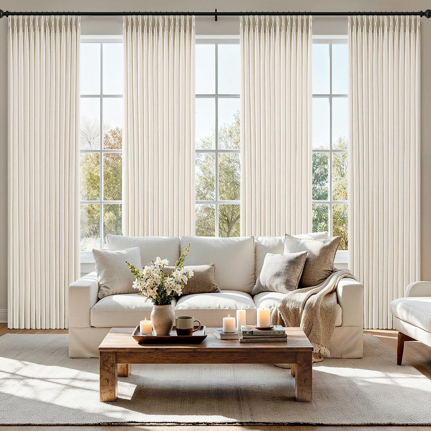 Pinch Pleated Thick Linen Curtains 90 Inches 4 Panels Set Ivory Cream Back Tab M