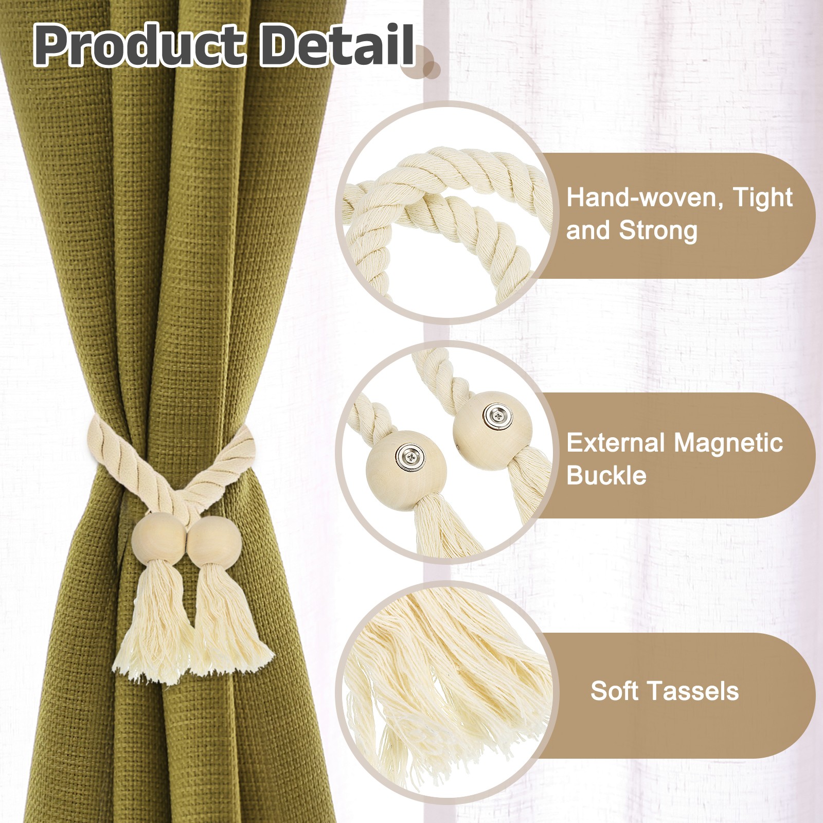 6 Pack Magnetic Curtain Tiebacks 55cm/21.65″ Curtain Holdbacks Beige