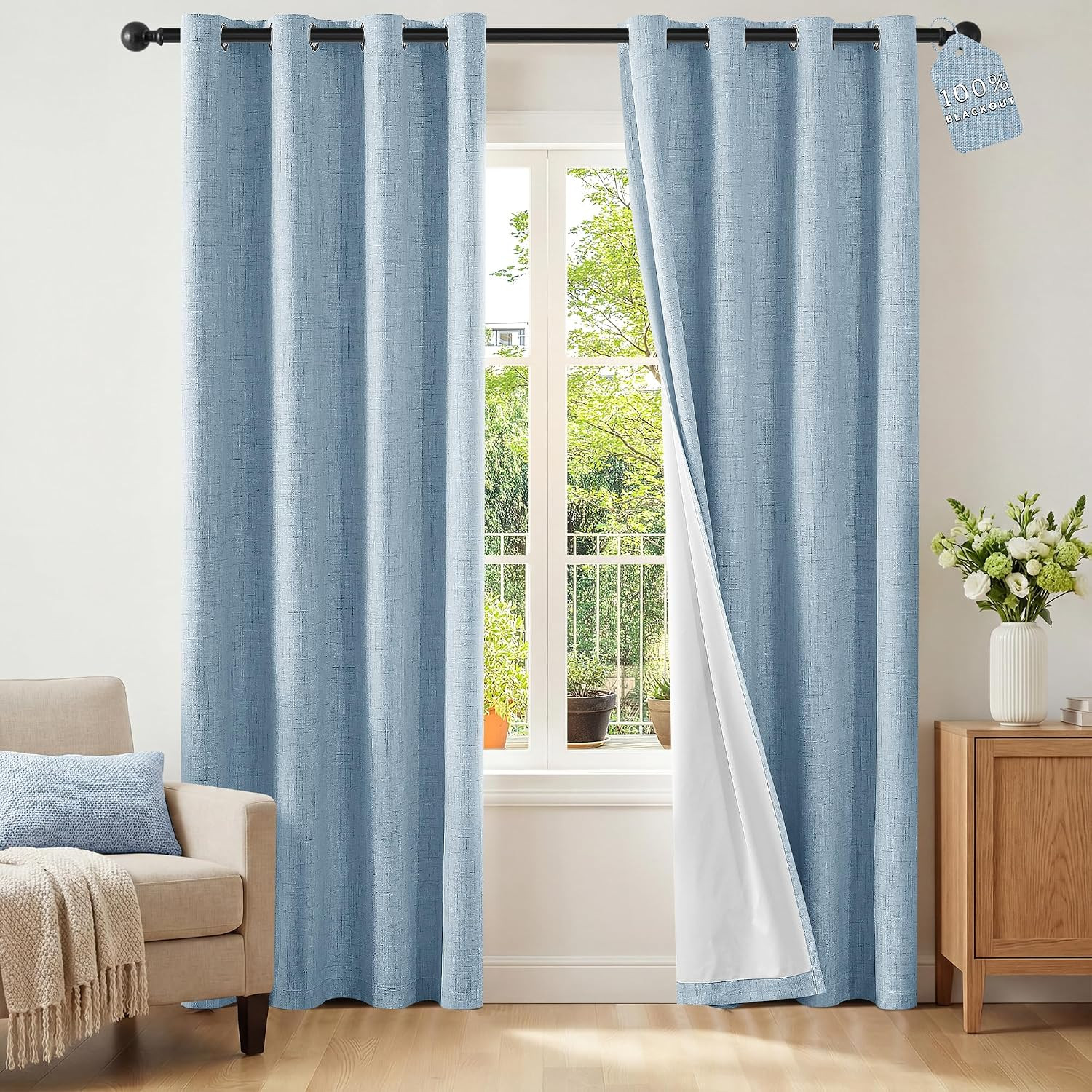 Sky Blue 100% Blackout Curtains 102″ Long – 2 Panel Grommet Drapes Set