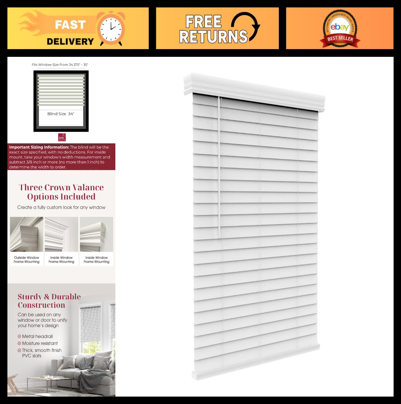 34×60 Cordless Faux Wood Blinds with Crown Valance – White Indoor Window Shades