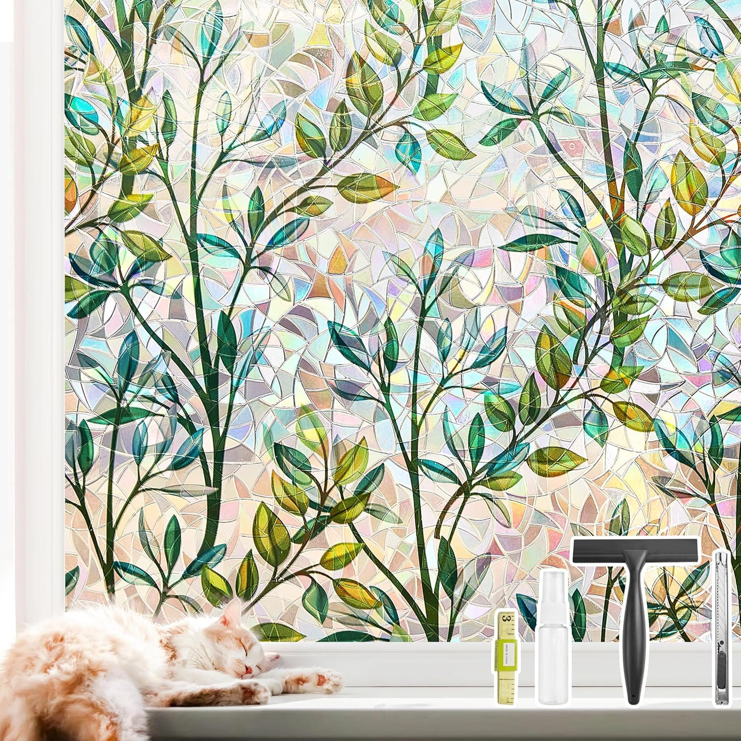 Window Privacy Film – Stained Glass Style Floral Window Clings for Home Decor, U