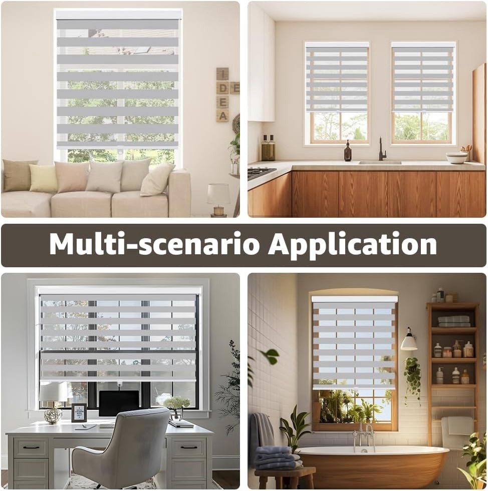 Cordless Zebra Blinds 44”x72” White Dual Layer Blackout Roller Shades Free-Stop