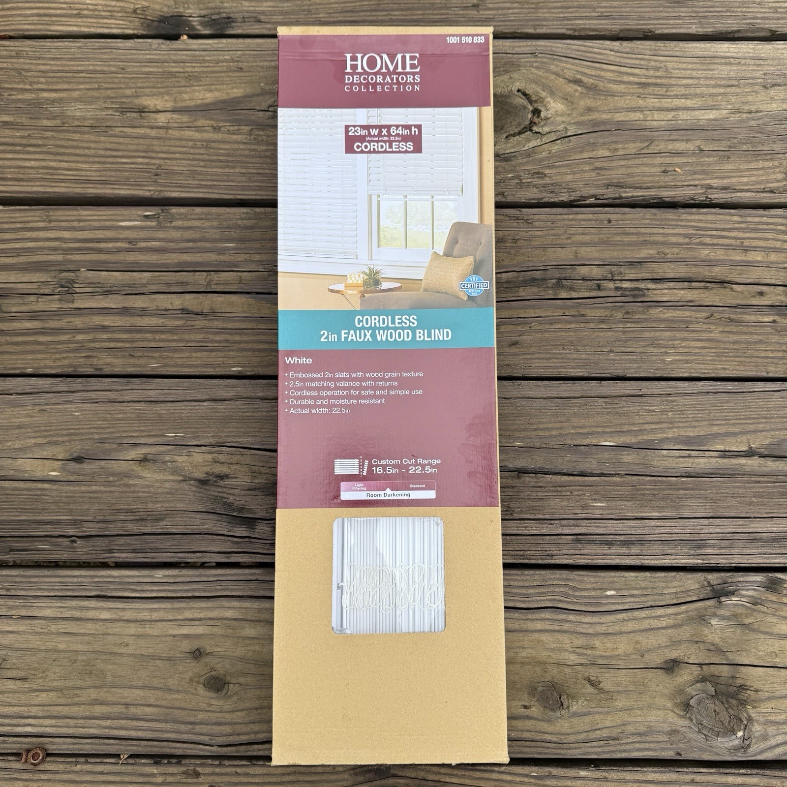 2” Faux Wood Blinds 23”W X 64”L Home Decorators White Cordless