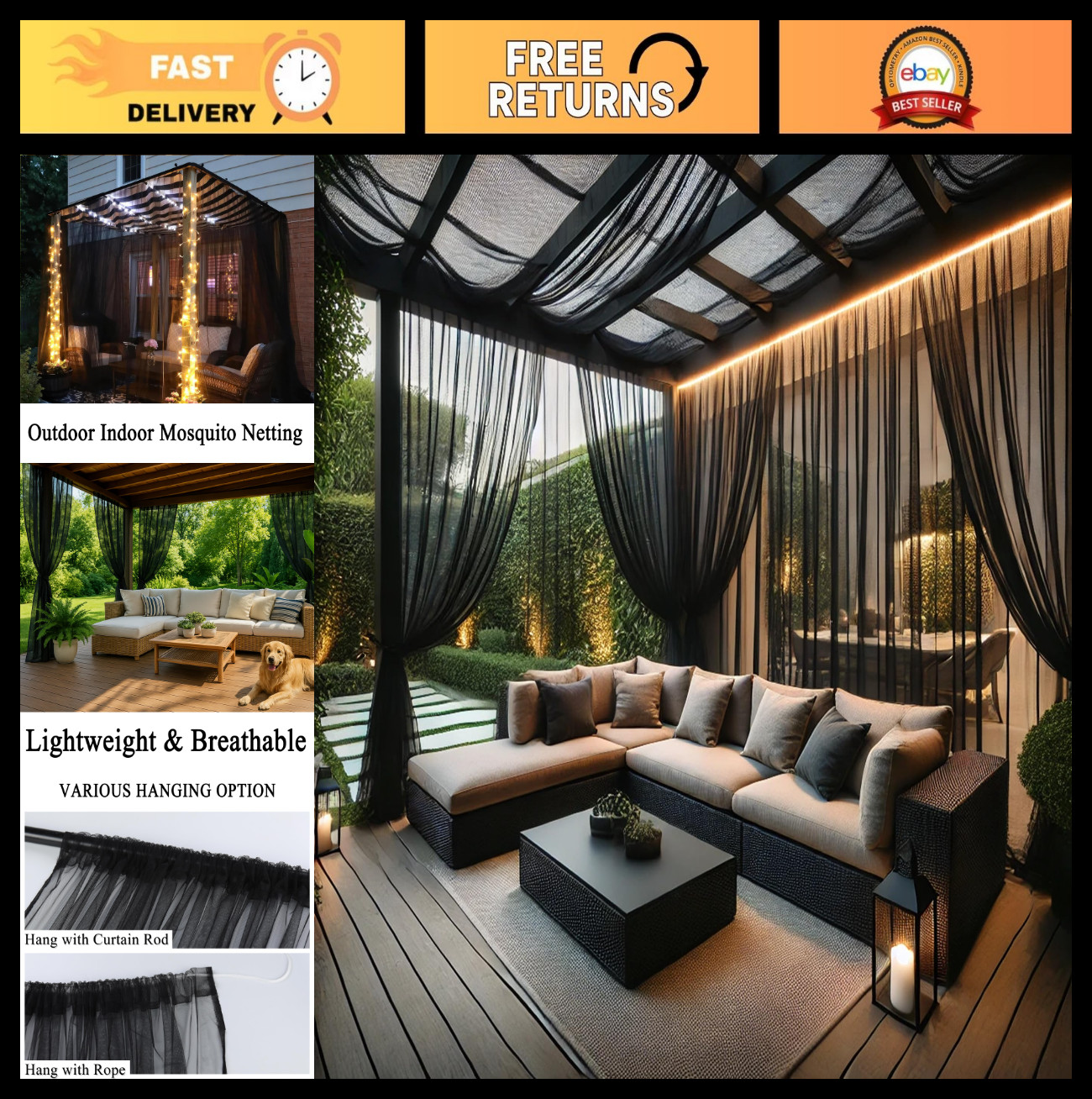 Extra Wide Waterproof Outdoor Curtains – Black Voile Mesh Bug Netting, 2 Panels,