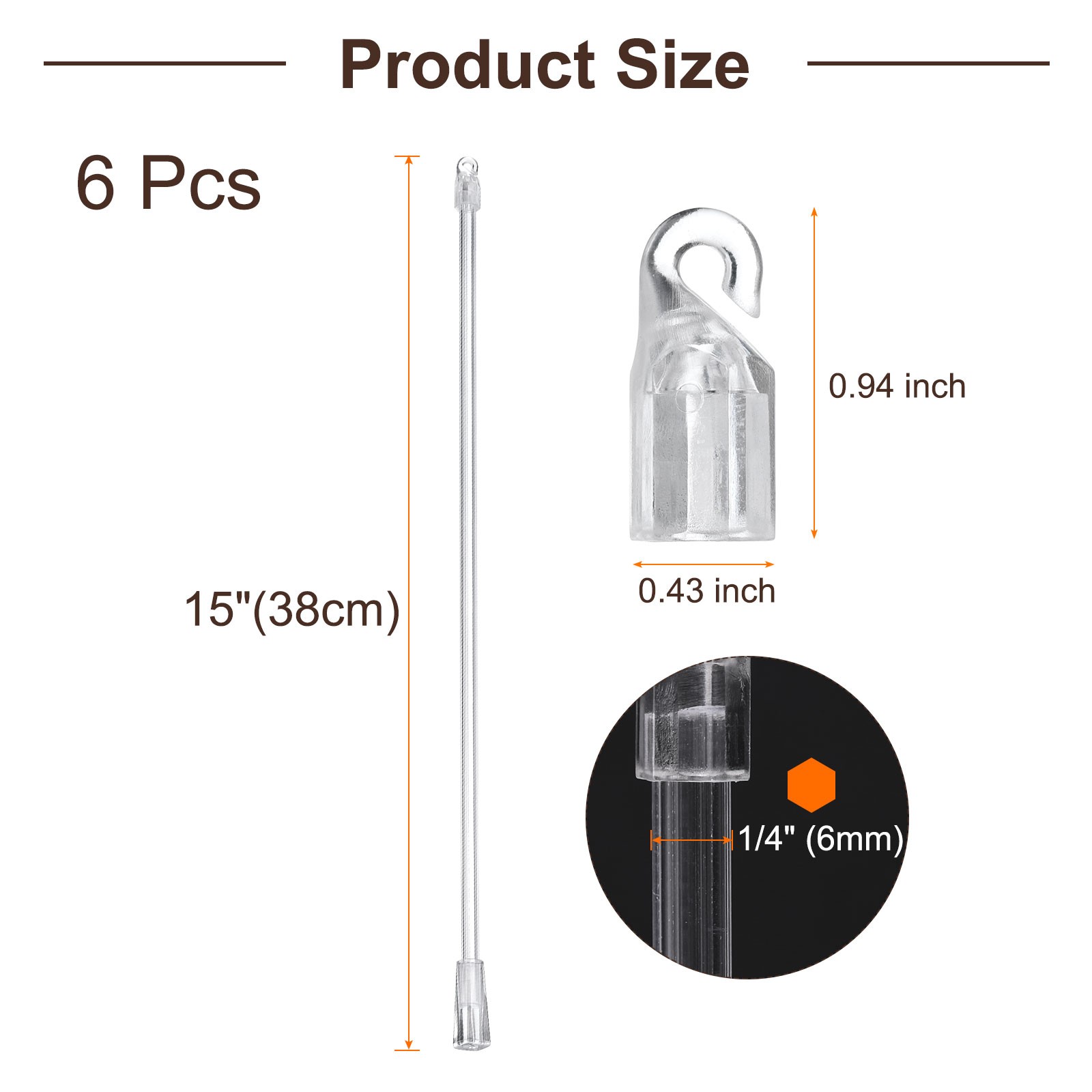 6Pcs 15″Transparent Blind Wand Replacement Parts with Hook and Grip