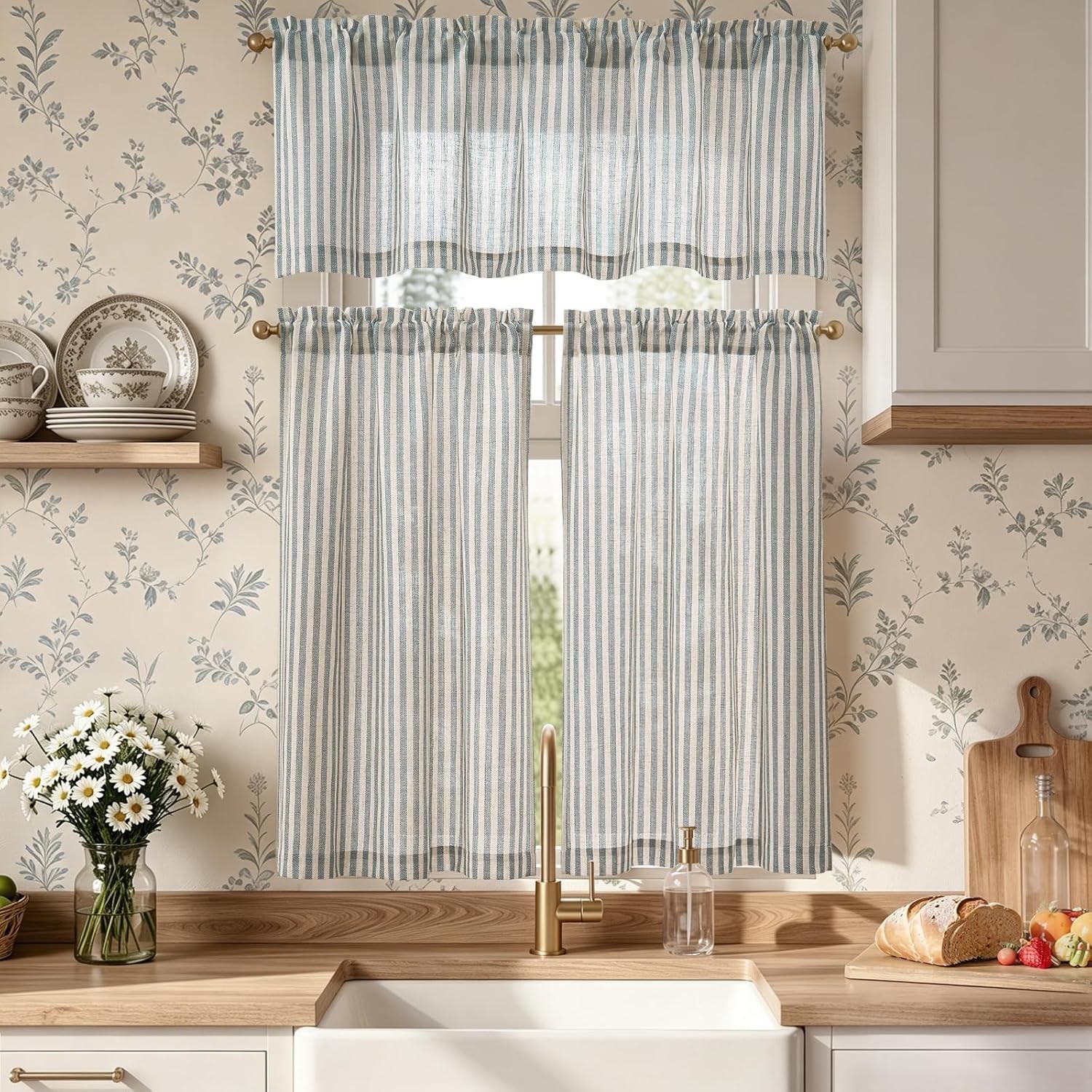 Kitchen Curtains and Valances Set Striped Tier Curtains Ticking Stripe Linen Cu