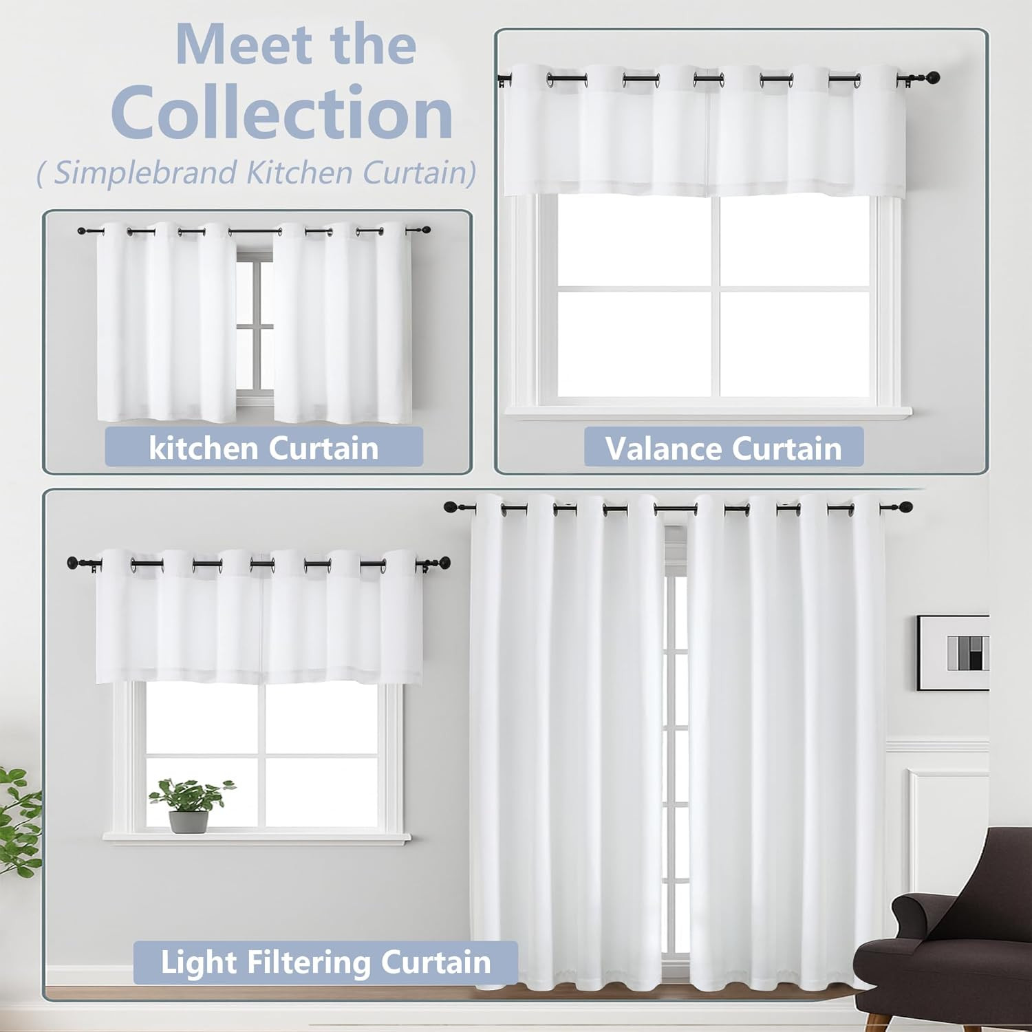 Pure White Window Valance for Kitchen 14 Inches Long 2 Panels Set, Light Filteri
