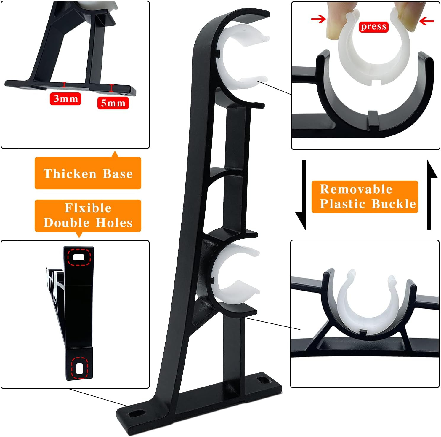 Double Curtain Rod Brackets, 6 Pack Heavy Duty Curtain Rod Holders 1 Inch Black