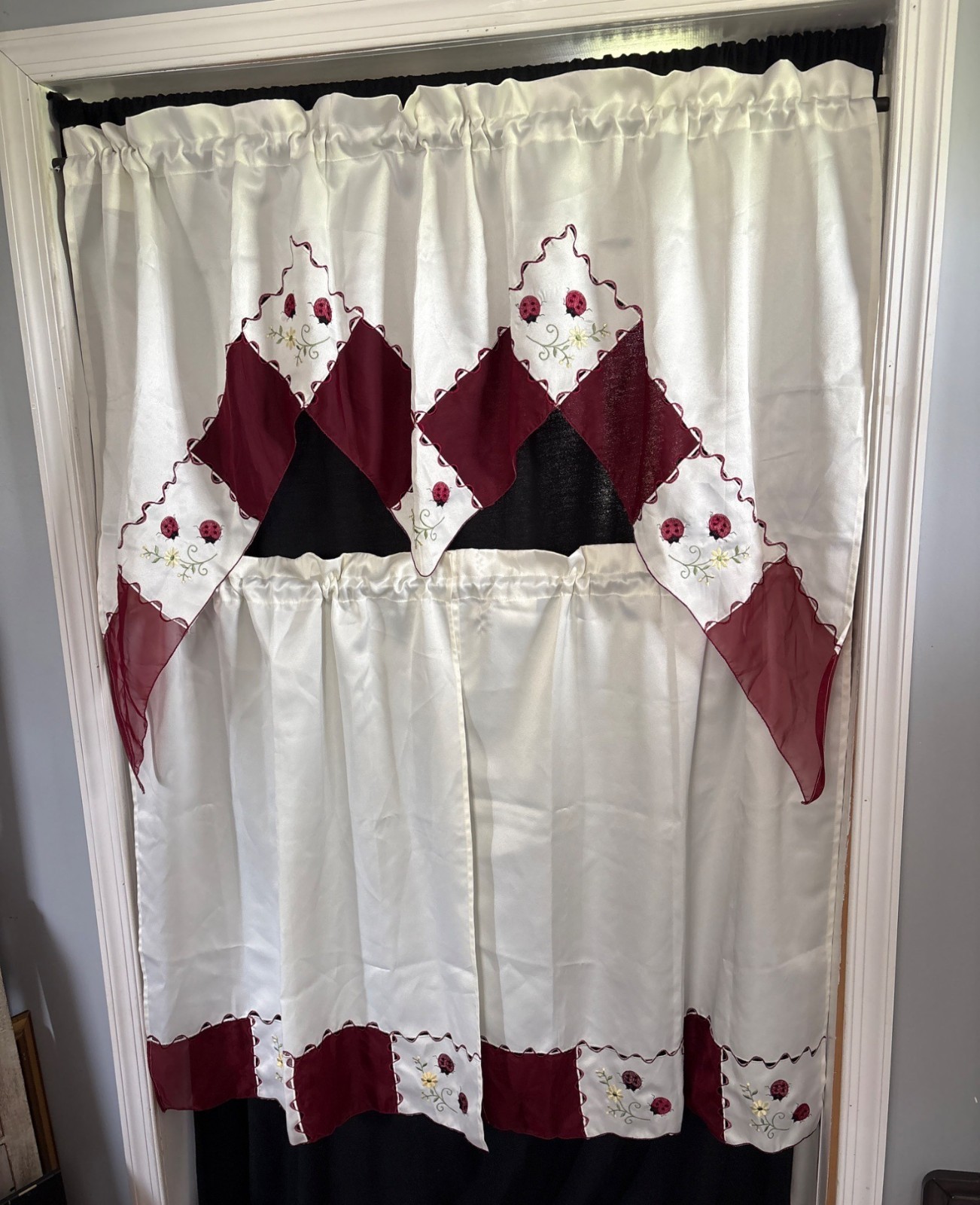 Ladybug Embroidered Cream Curtain Set 56″ Valance & 28″ Tier Panels