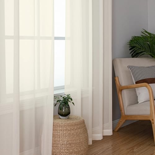 Sheer Curtains 45 Inch Length 2 Panels Set for 42″W x 45″L (Pack of 2) Cream
