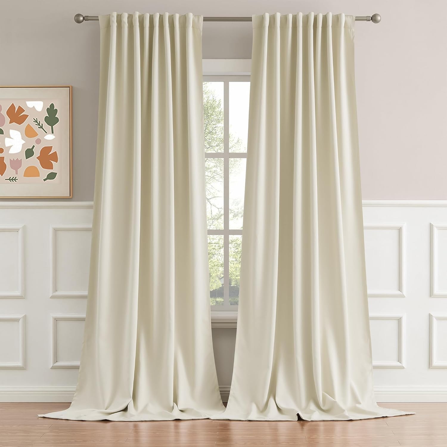 2 Long Curtains For High Ceiling Extra Long Drapes 132″, Beige Soft Faux Silk