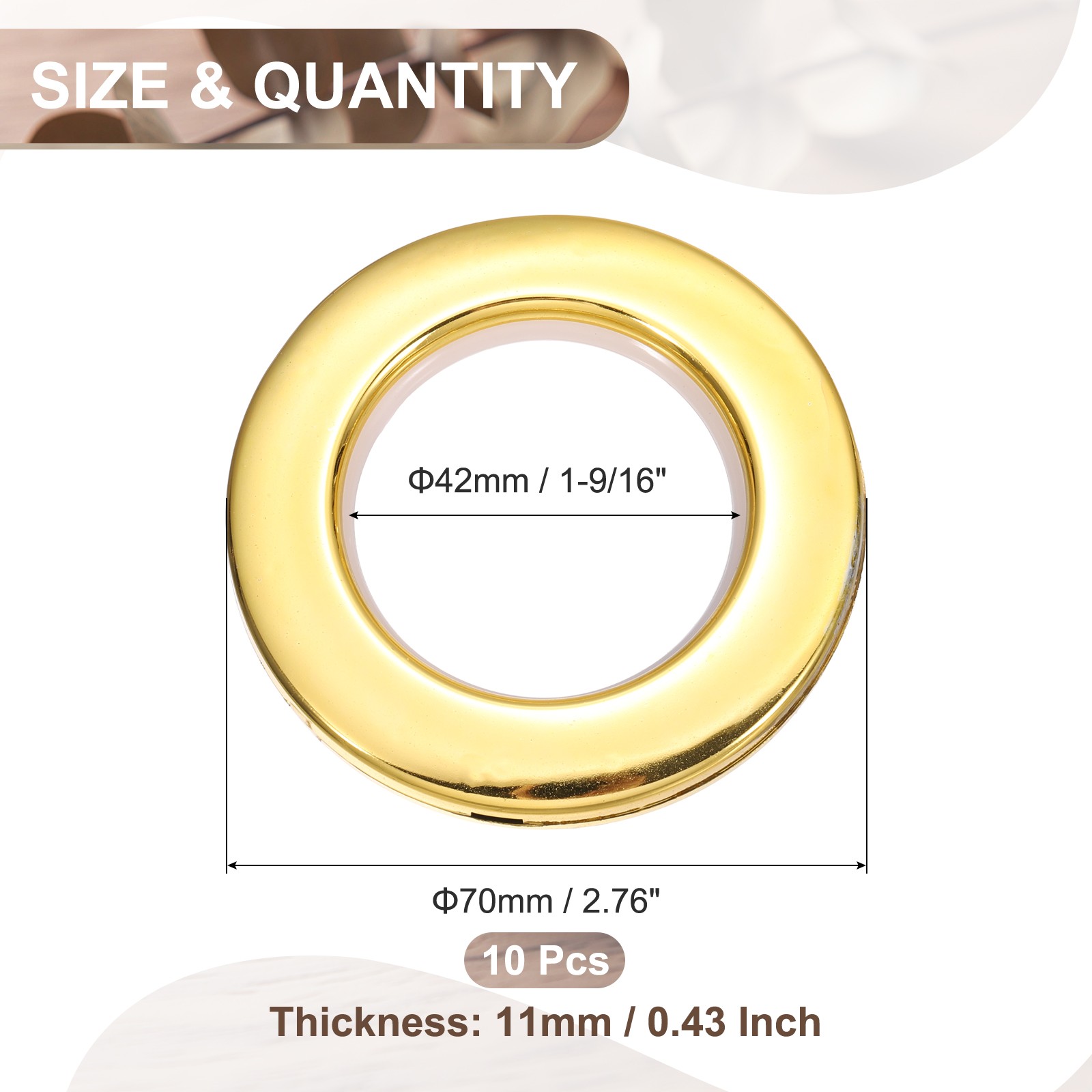 10 Pack Curtain Grommets, Bright Gold Curtain Eyelet Rings