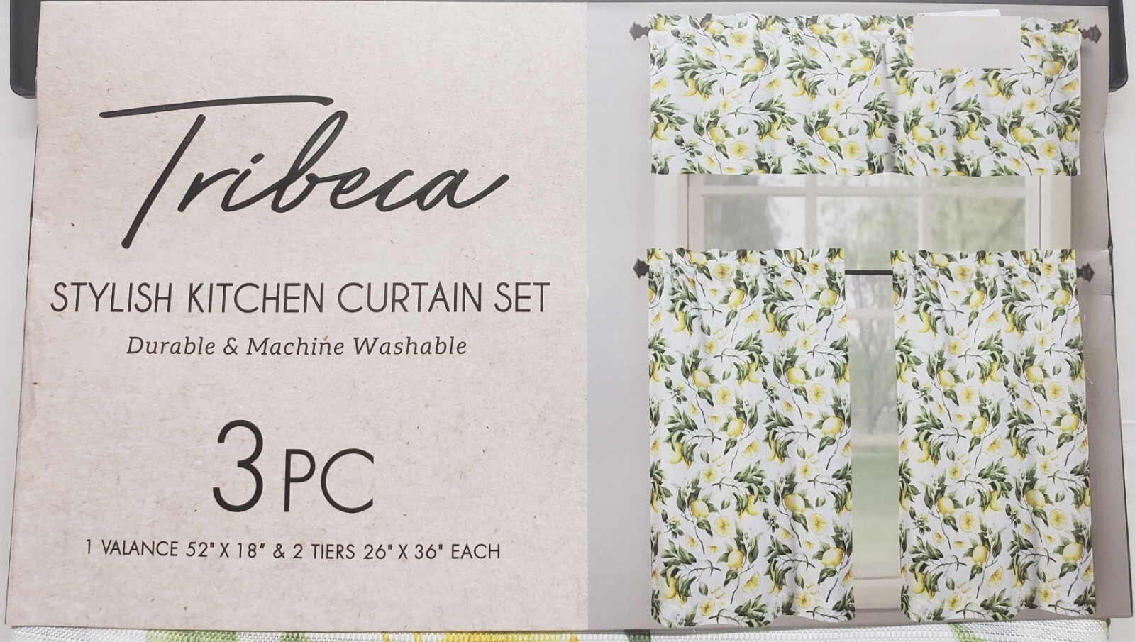 3pc Printed Kitchen Curtains Set:2 Tiers(26″x36″)&Valance(52″x18″)LEMONS,Tribeca