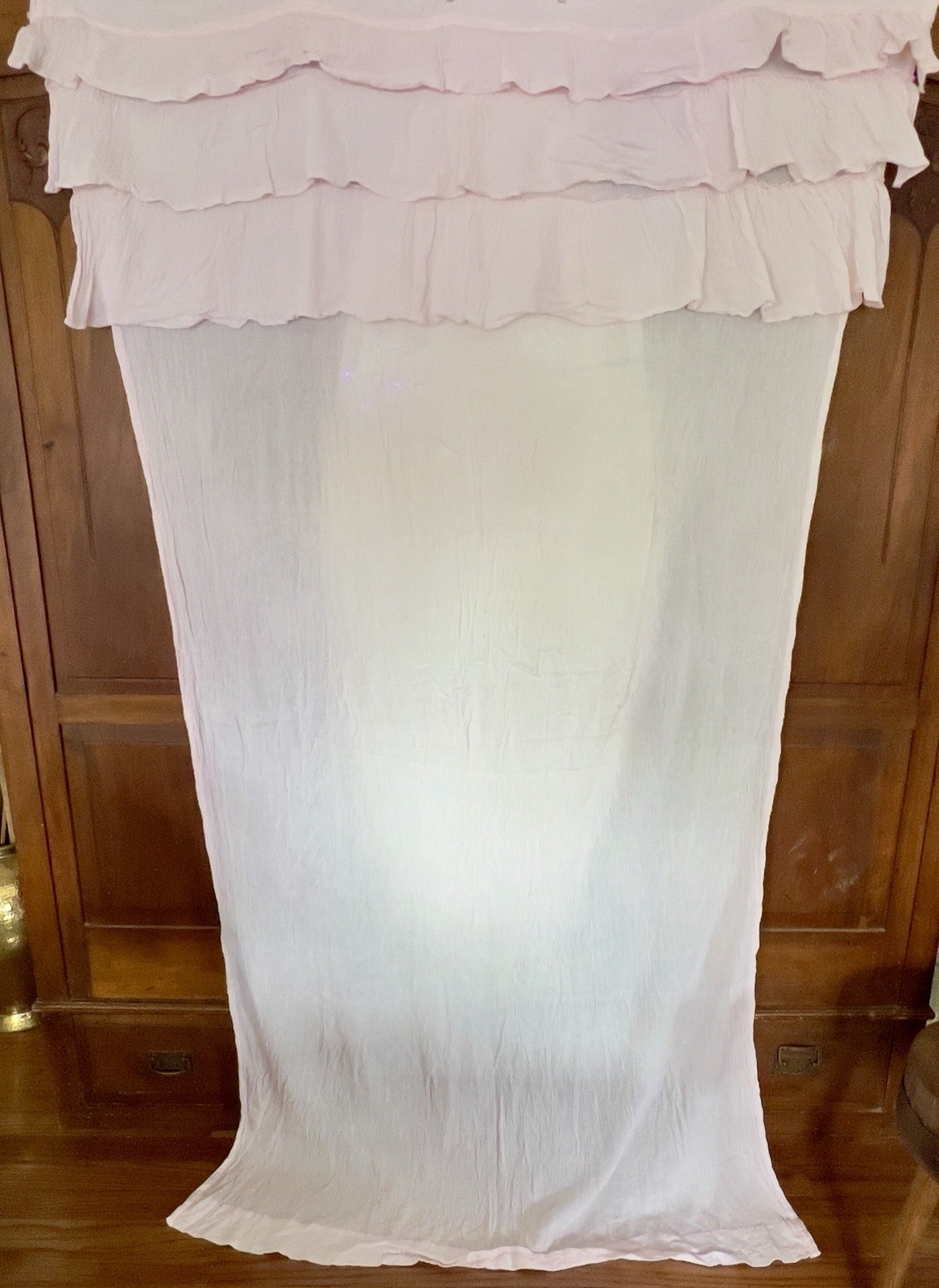 VTG SIMPLY SHABBY CHIC TRIPLE RUFFLE PINK COTTON GAUZE CURTAIN PANEL PAIR 50×82