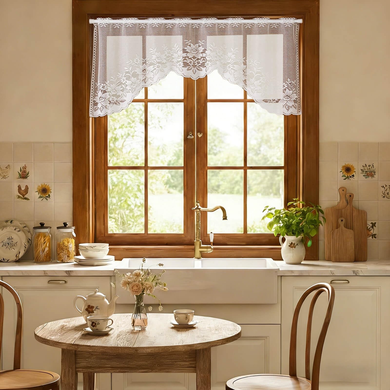 Vintage Sheer Voile Valance Curtains Floral Embroidery Lace Kitchen Swag Wind…