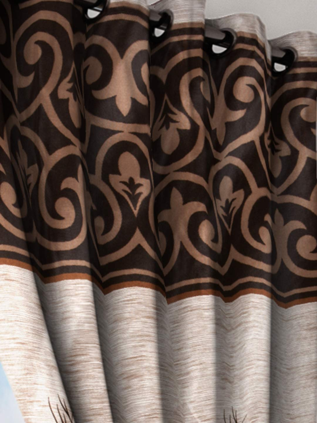 Window Curtain Set Washable Polyster Panel Design Brown (7 FEET) Pack 2
