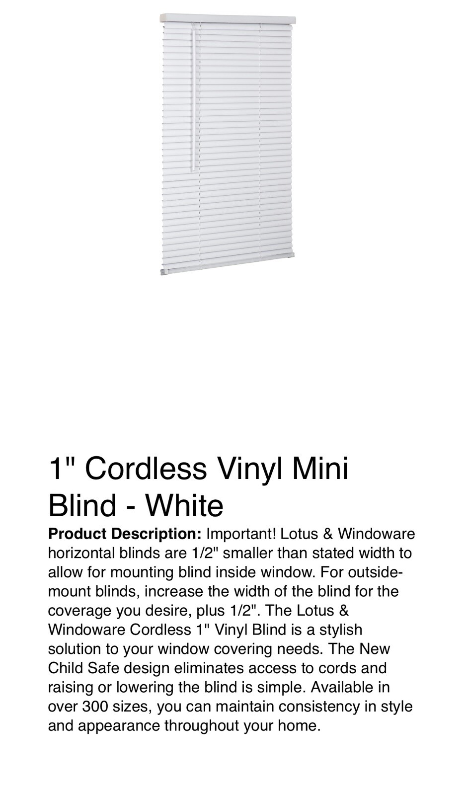Lotus & Windoware 1” Vinyl Mini Blind 29″ x 64″ (White) Qty-1 Free Shipping