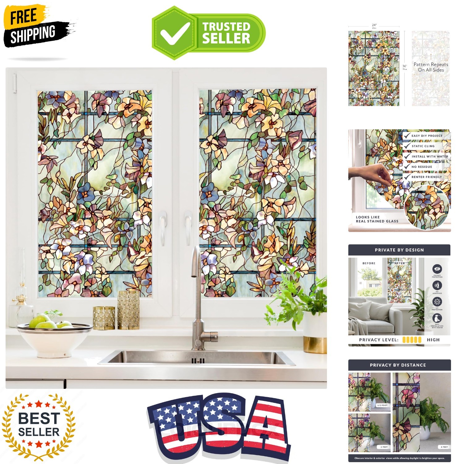 Trellis | Privacy Window Film with Vibrant Colored Pattern | Non-Adhesive & U…